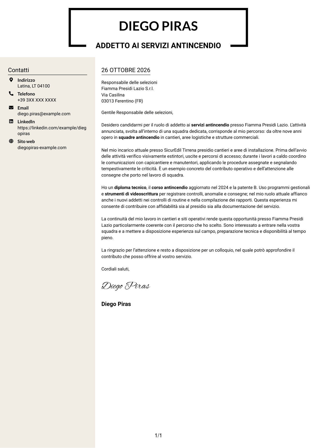 Lettera di presentazione Intraprendente (formato a due colonne con intestazione centrata senza foto): Addetto ai servizi antincendio, pagina 1