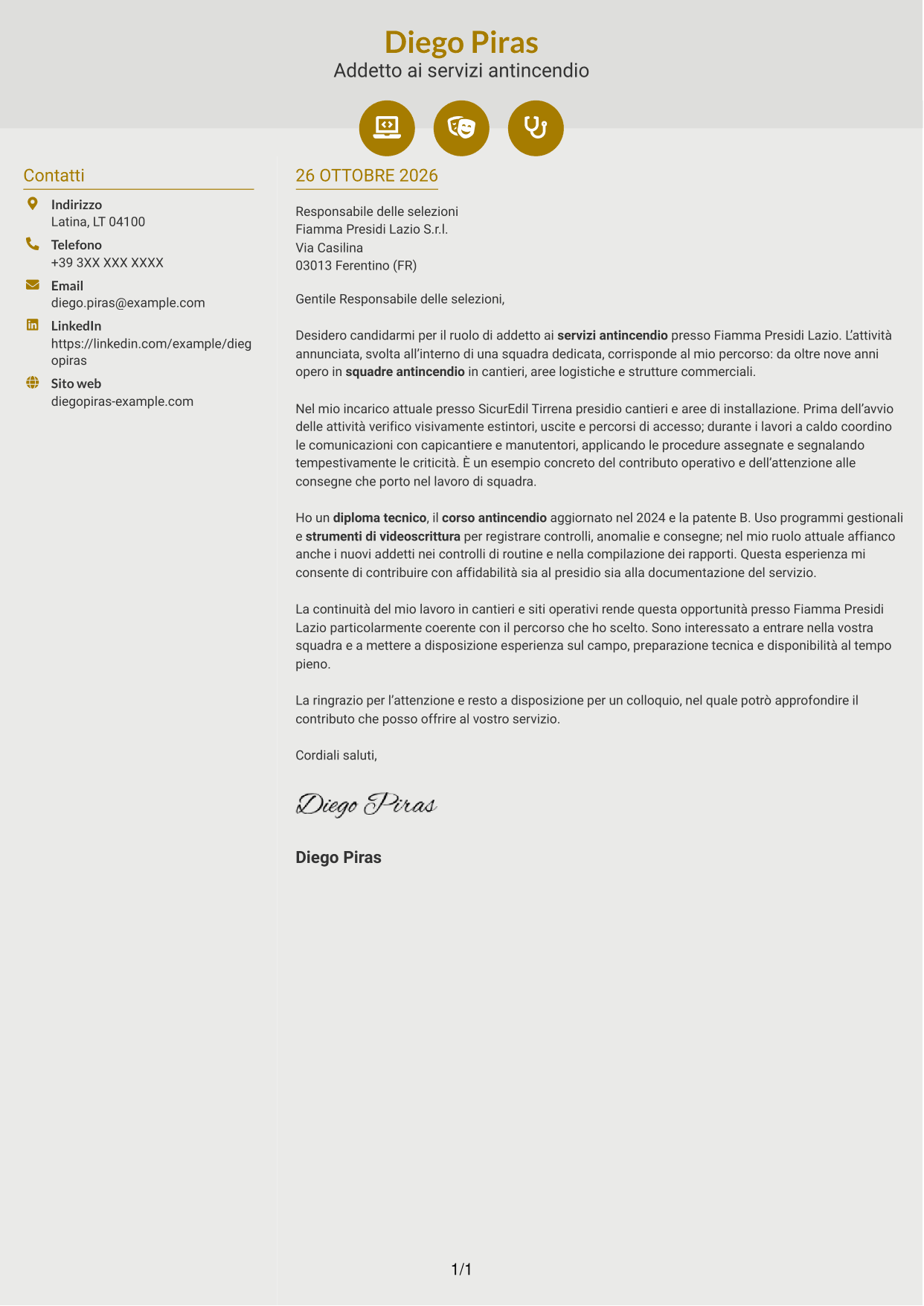 Lettera di presentazione Dinamico (formato a due colonne con icone): Addetto ai servizi antincendio, pagina 1