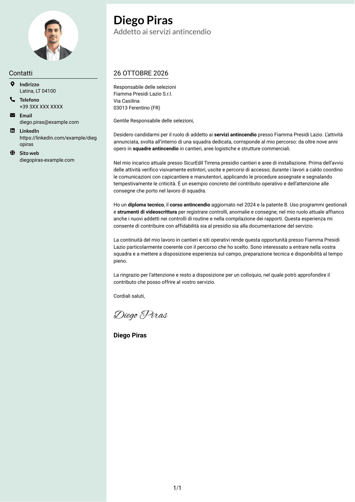 Lettera di presentazione Dirigente (formato con colonna laterale tenue e foto arrotondata): Addetto ai servizi antincendio, pagina 1