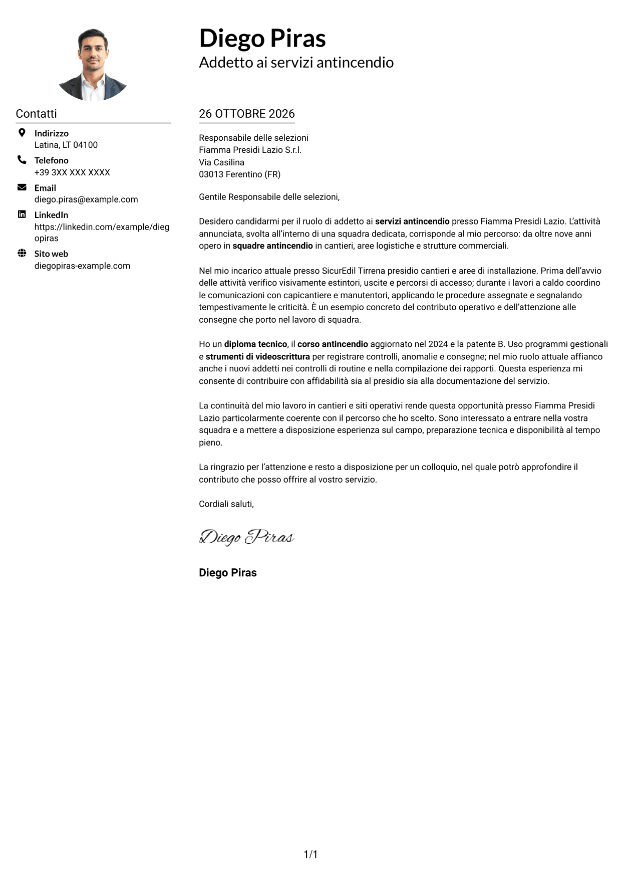 Esempio di lettera di presentazione — pagina 1