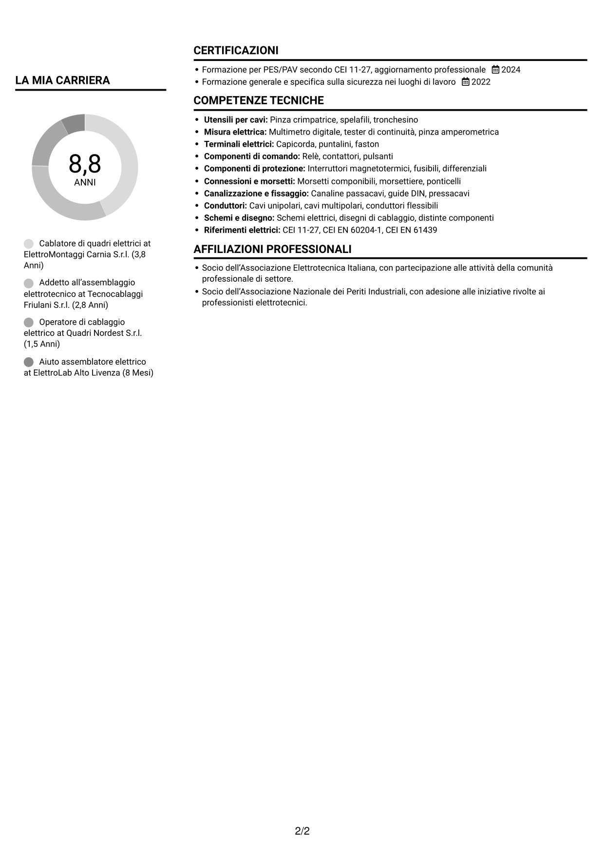 CV Compatto (formato sobrio a due colonne con foto): Addetto al cablaggio di quadri elettrici, pagina 2