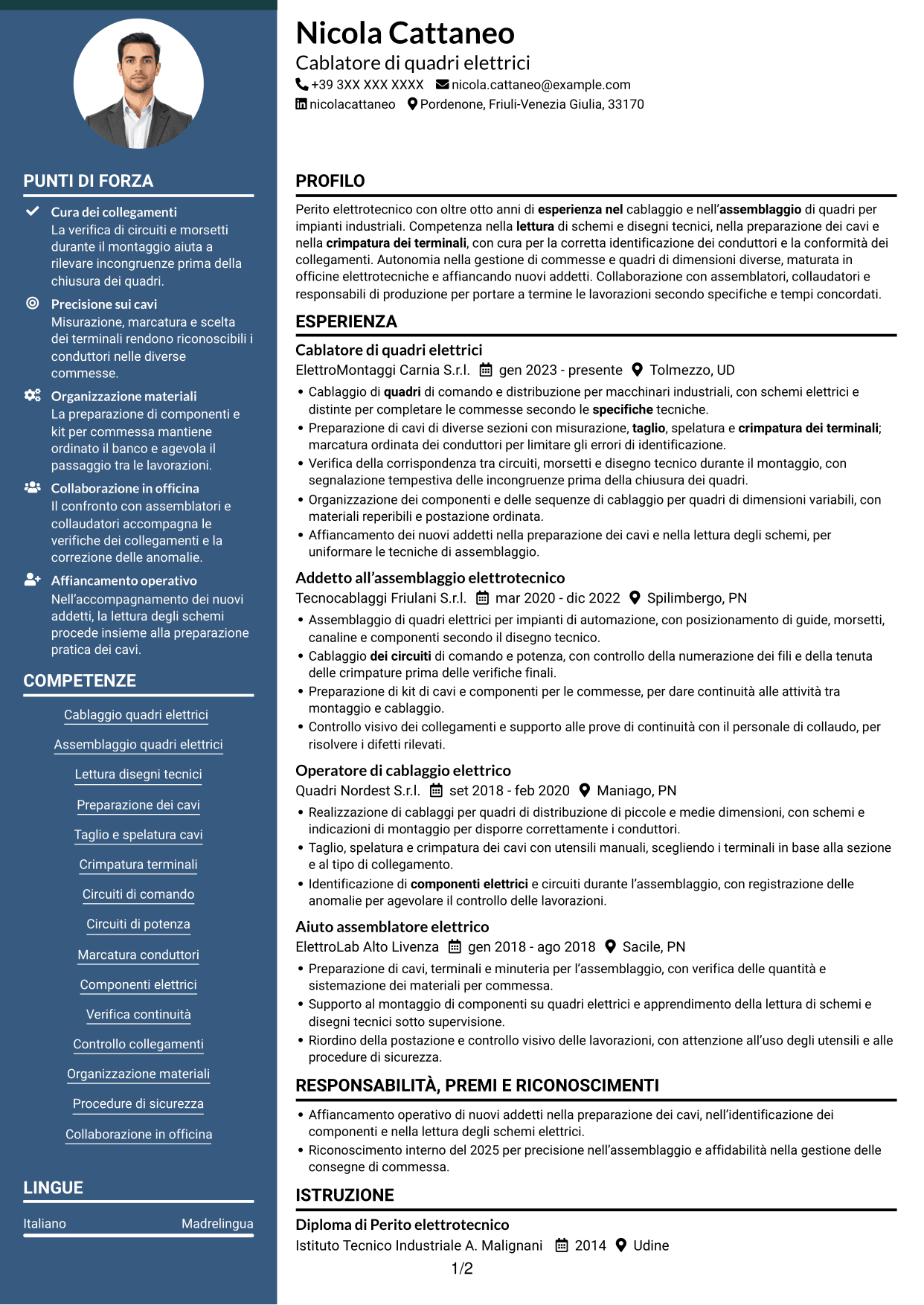 CV Elegante (formato con colonna laterale colorata e foto): Addetto al cablaggio di quadri elettrici, pagina 1