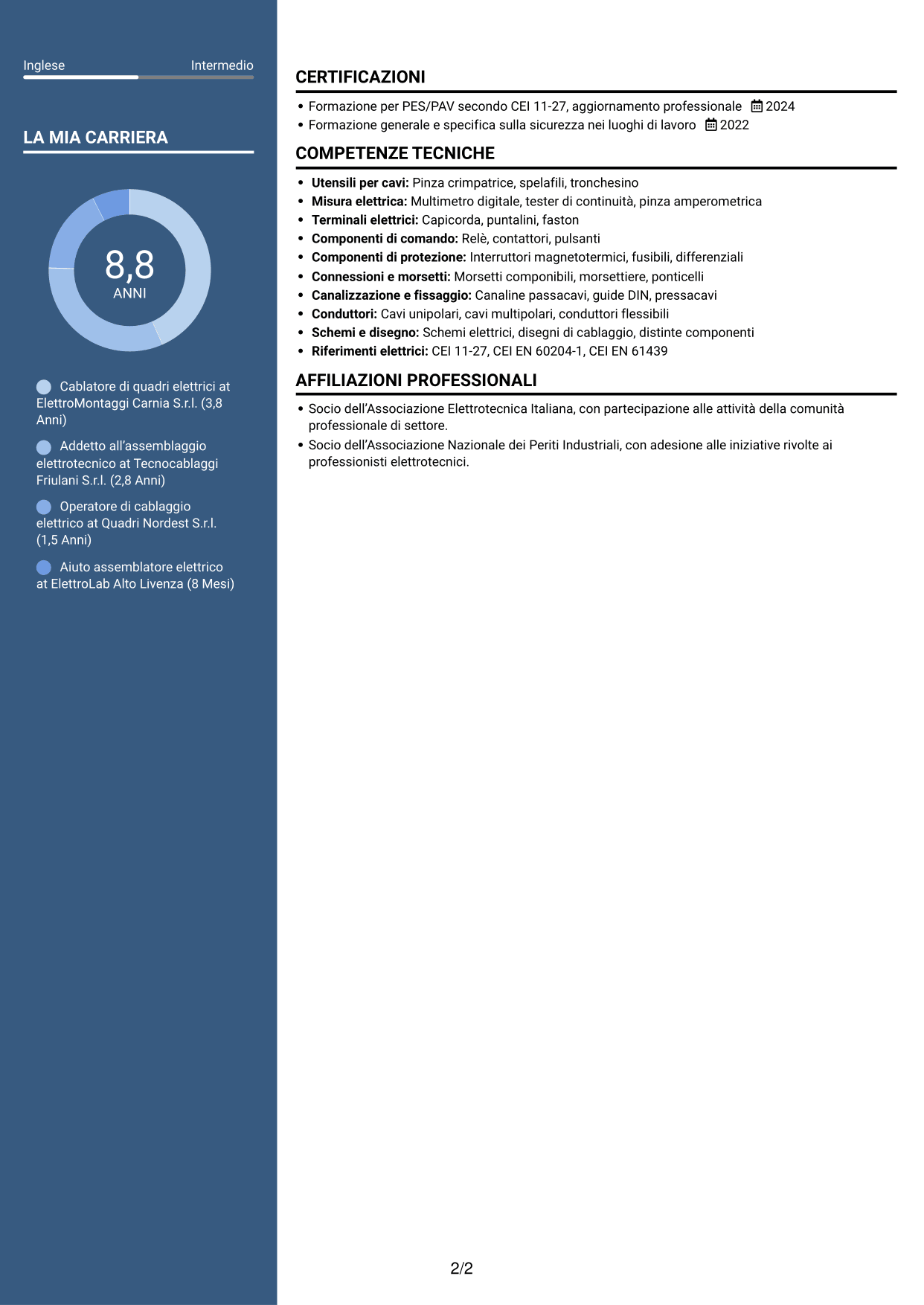 CV Elegante (formato con colonna laterale colorata e foto): Addetto al cablaggio di quadri elettrici, pagina 2