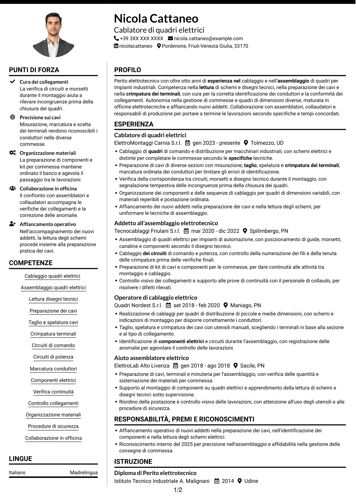 CV Moderno (formato a due colonne con foto a sinistra e separatore): Addetto al cablaggio di quadri elettrici, pagina 1