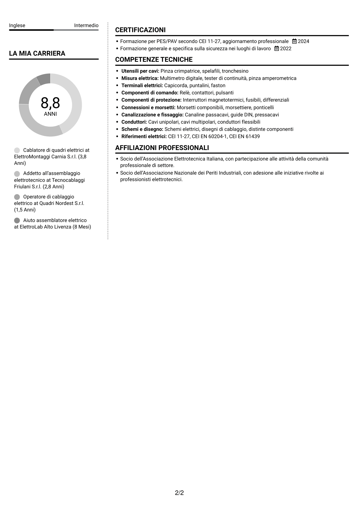CV Moderno (formato a due colonne con foto a sinistra e separatore): Addetto al cablaggio di quadri elettrici, pagina 2