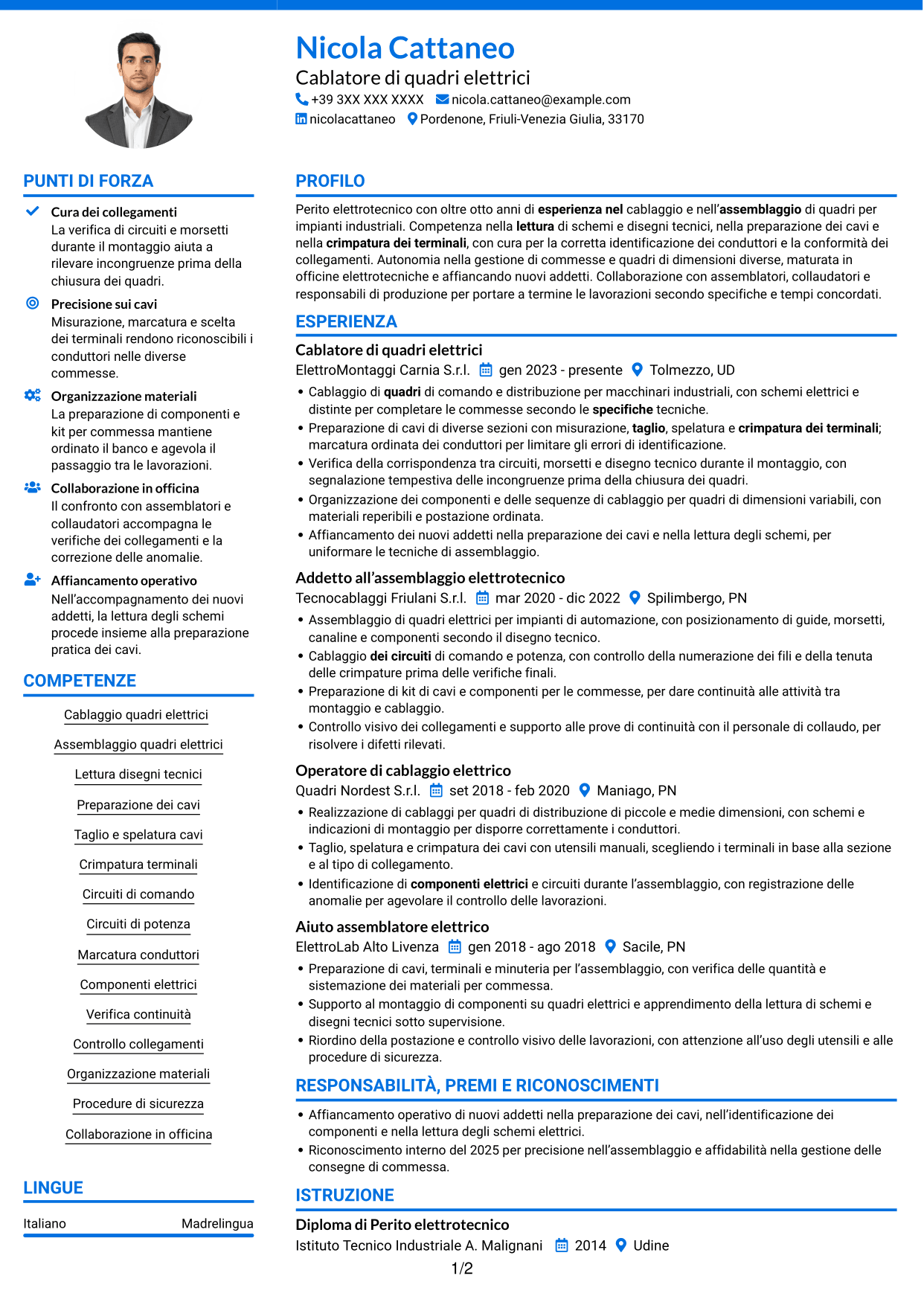 CV Audace (formato a due colonne con accenti colorati e foto): Addetto al cablaggio di quadri elettrici, pagina 1