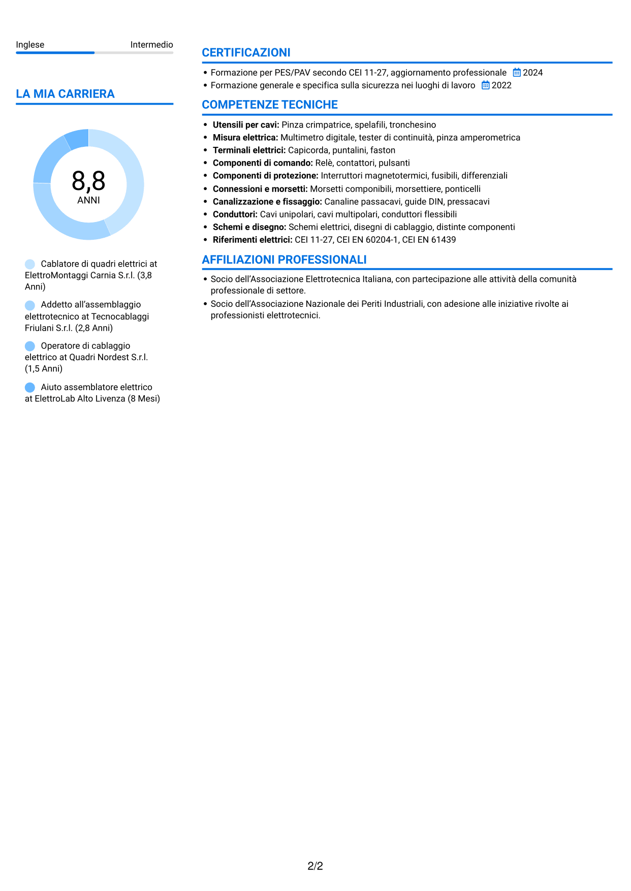CV Audace (formato a due colonne con accenti colorati e foto): Addetto al cablaggio di quadri elettrici, pagina 2