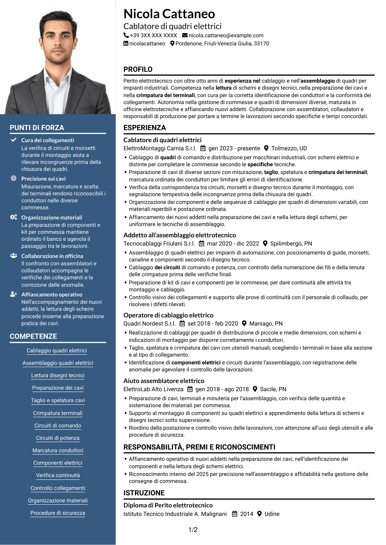 CV Signature (formato con colonna laterale colorata e foto grande): Addetto al cablaggio di quadri elettrici, pagina 1