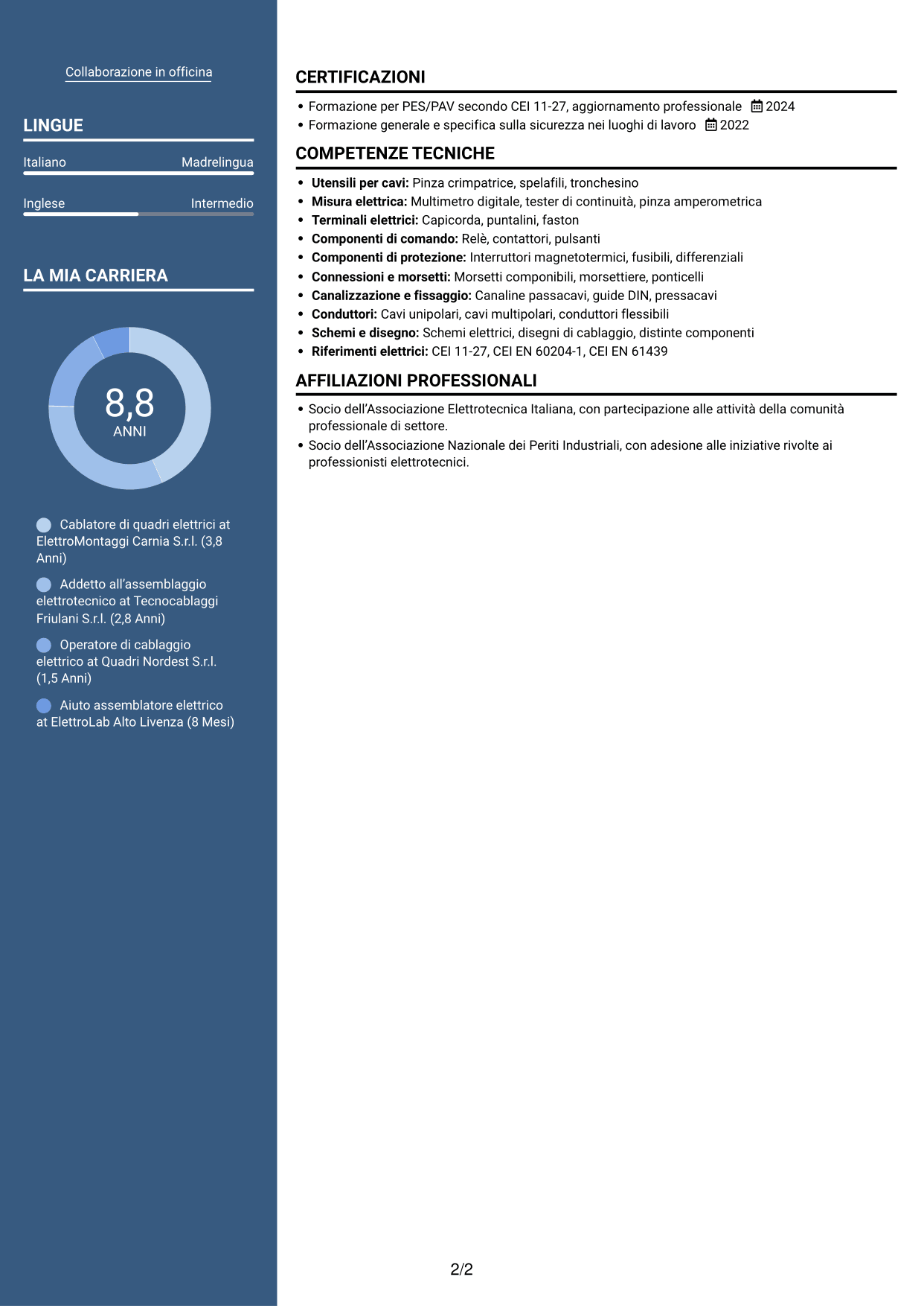 CV Signature (formato con colonna laterale colorata e foto grande): Addetto al cablaggio di quadri elettrici, pagina 2