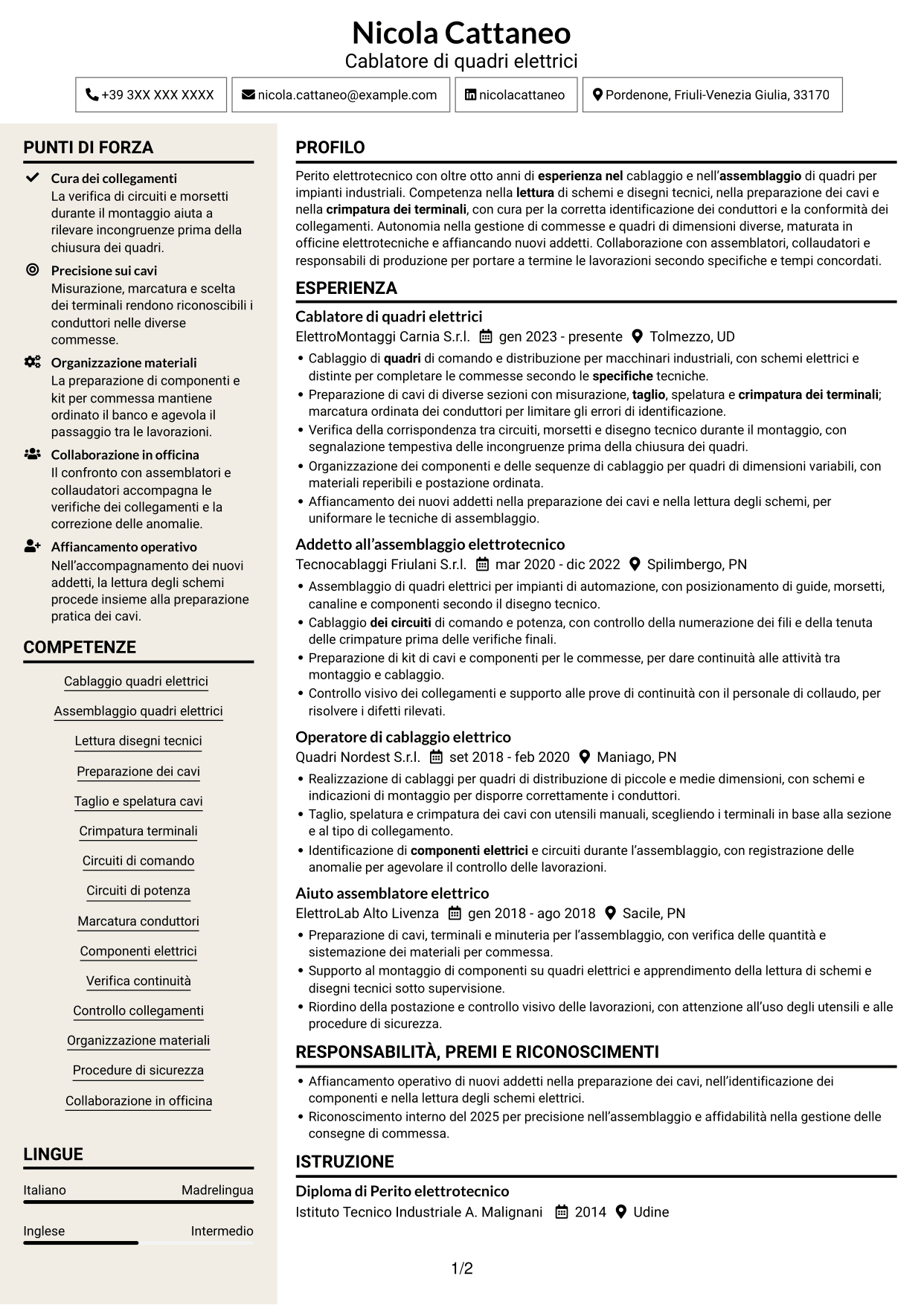 CV Intraprendente (formato a due colonne con intestazione centrata senza foto): Addetto al cablaggio di quadri elettrici, pagina 1
