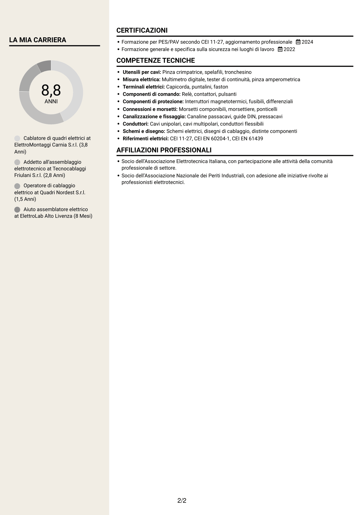 CV Intraprendente (formato a due colonne con intestazione centrata senza foto): Addetto al cablaggio di quadri elettrici, pagina 2