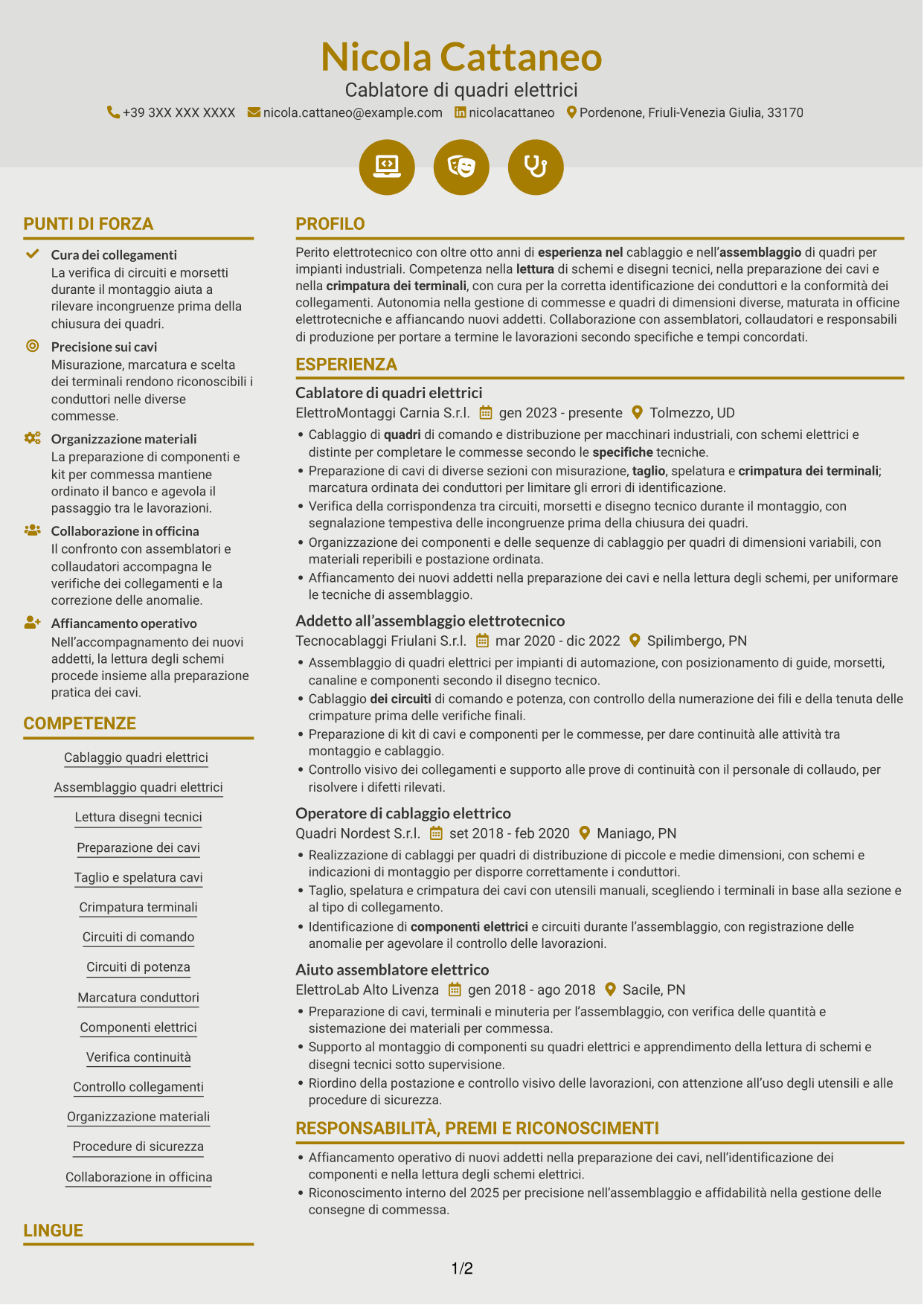 CV Dinamico (formato a due colonne con icone): Addetto al cablaggio di quadri elettrici, pagina 1