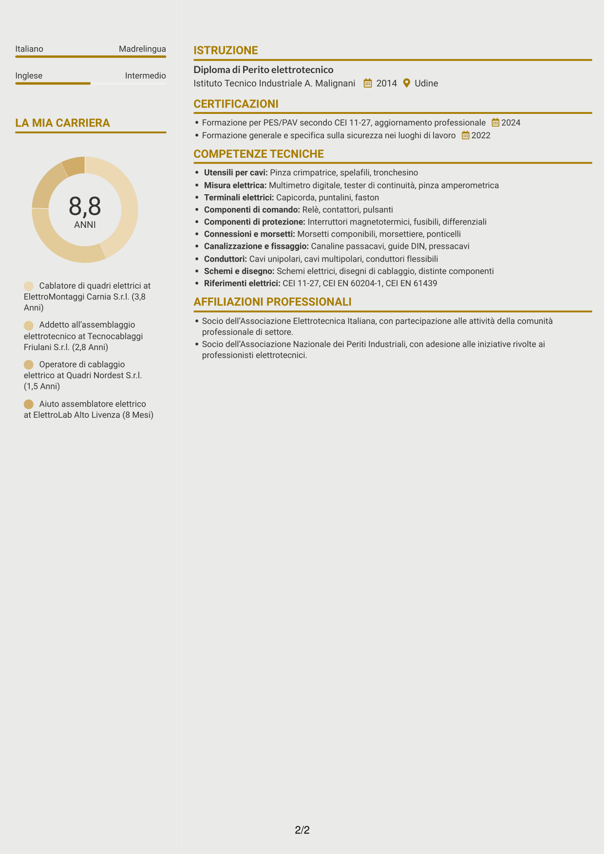 CV Dinamico (formato a due colonne con icone): Addetto al cablaggio di quadri elettrici, pagina 2