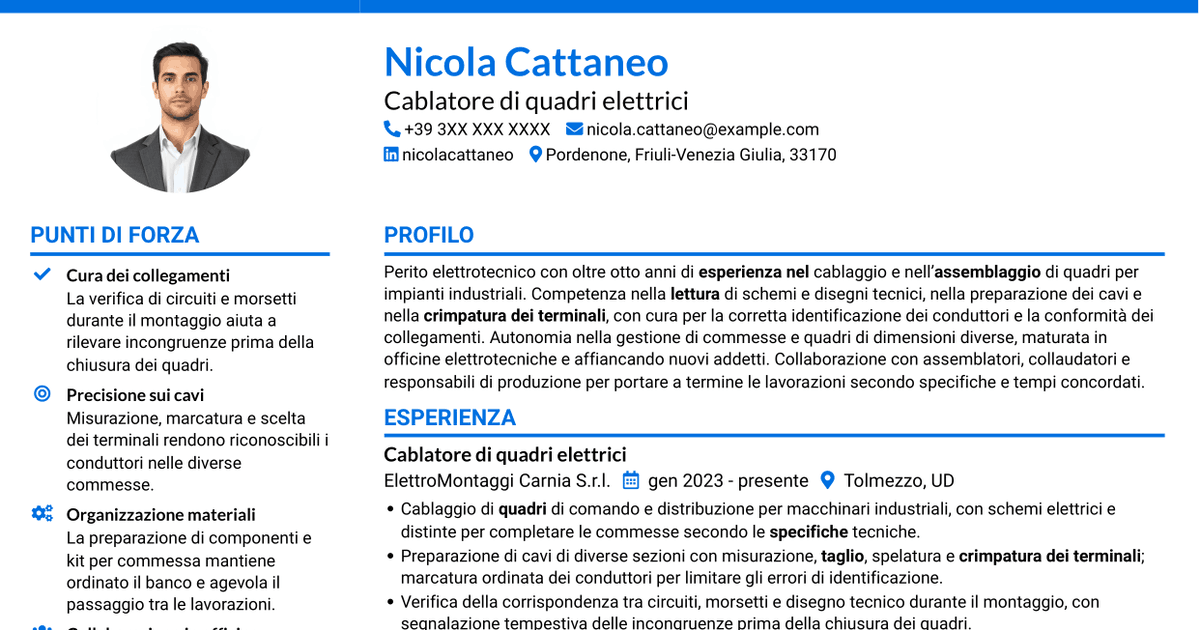 7 modelli di CV per Addetto al cablaggio di quadri elettrici, con esempi