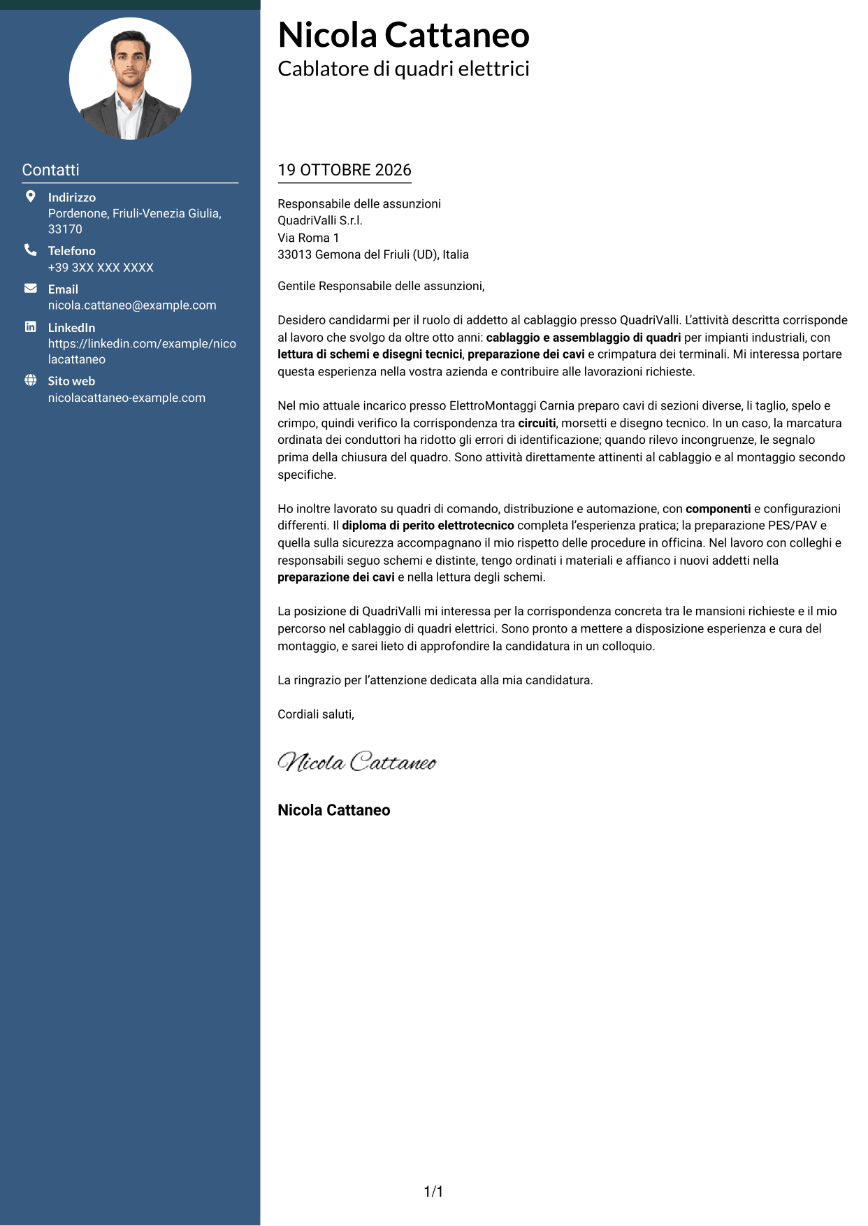 Lettera di presentazione Elegante (formato con colonna laterale colorata e foto): Addetto al cablaggio di quadri elettrici, pagina 1