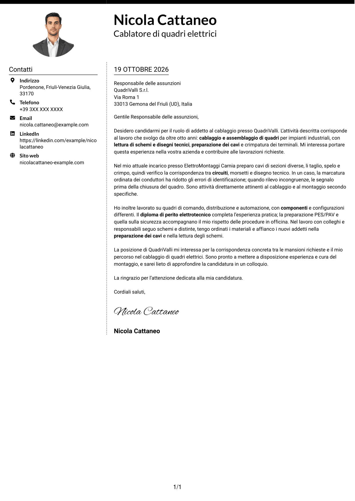 Lettera di presentazione Moderno (formato a due colonne con foto a sinistra e separatore): Addetto al cablaggio di quadri elettrici, pagina 1