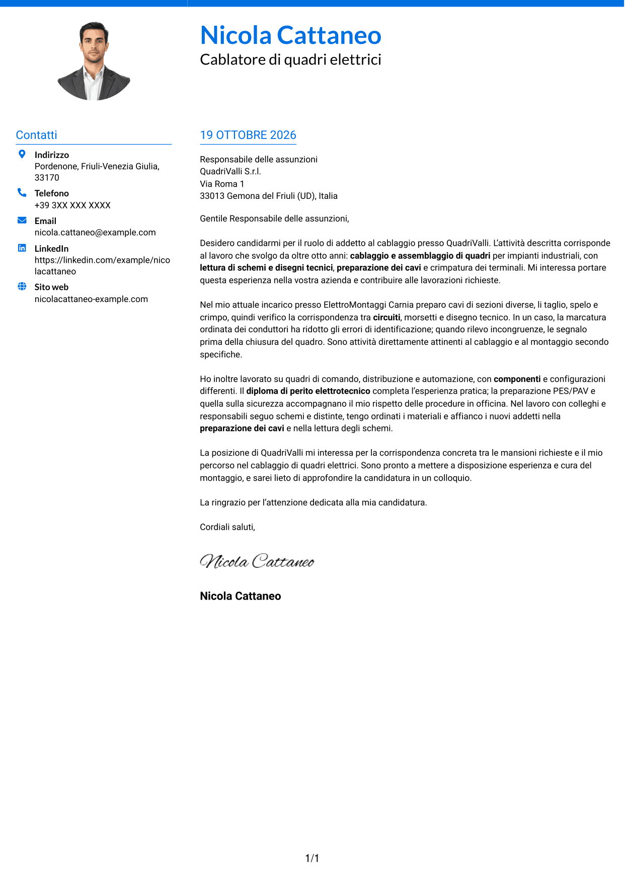 Lettera di presentazione Audace (formato a due colonne con accenti colorati e foto): Addetto al cablaggio di quadri elettrici, pagina 1