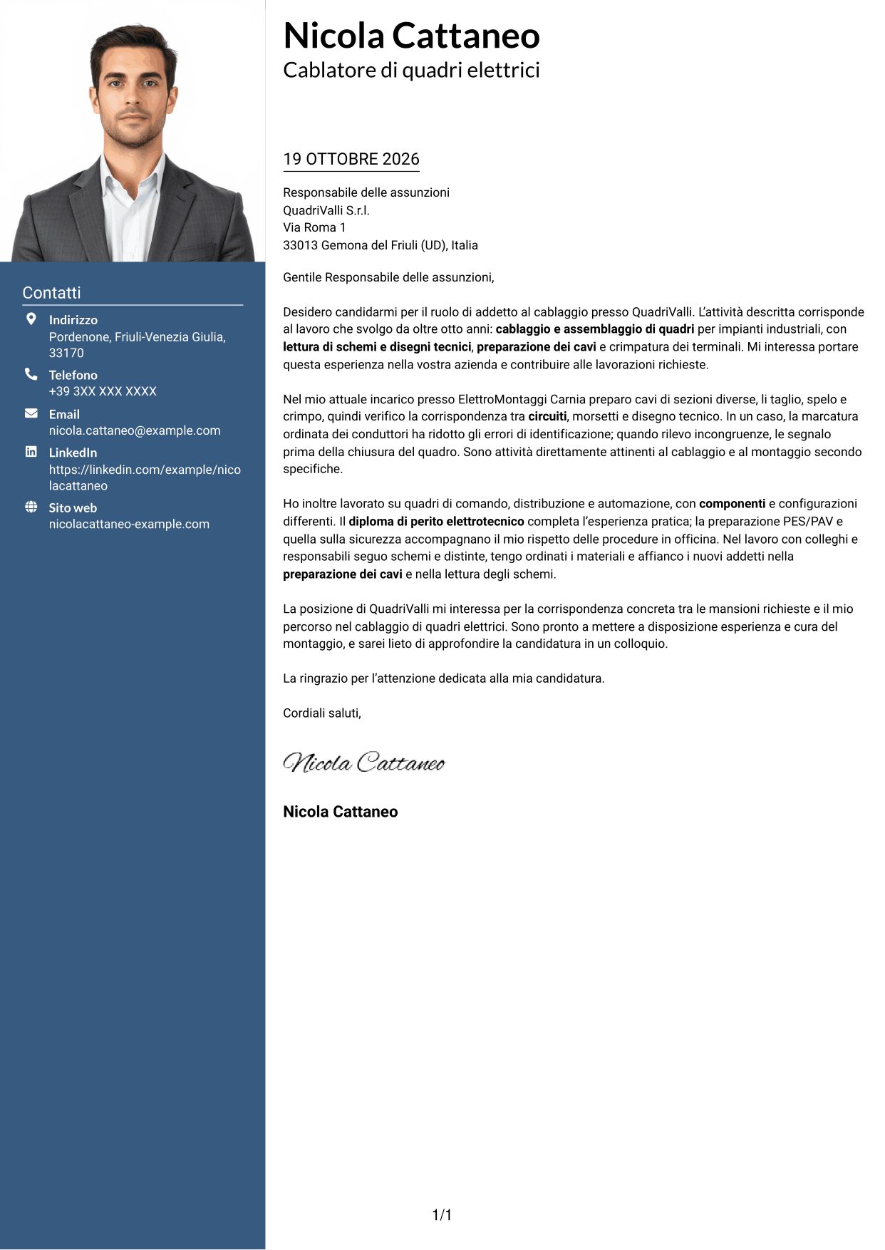 Lettera di presentazione Signature (formato con colonna laterale colorata e foto grande): Addetto al cablaggio di quadri elettrici, pagina 1