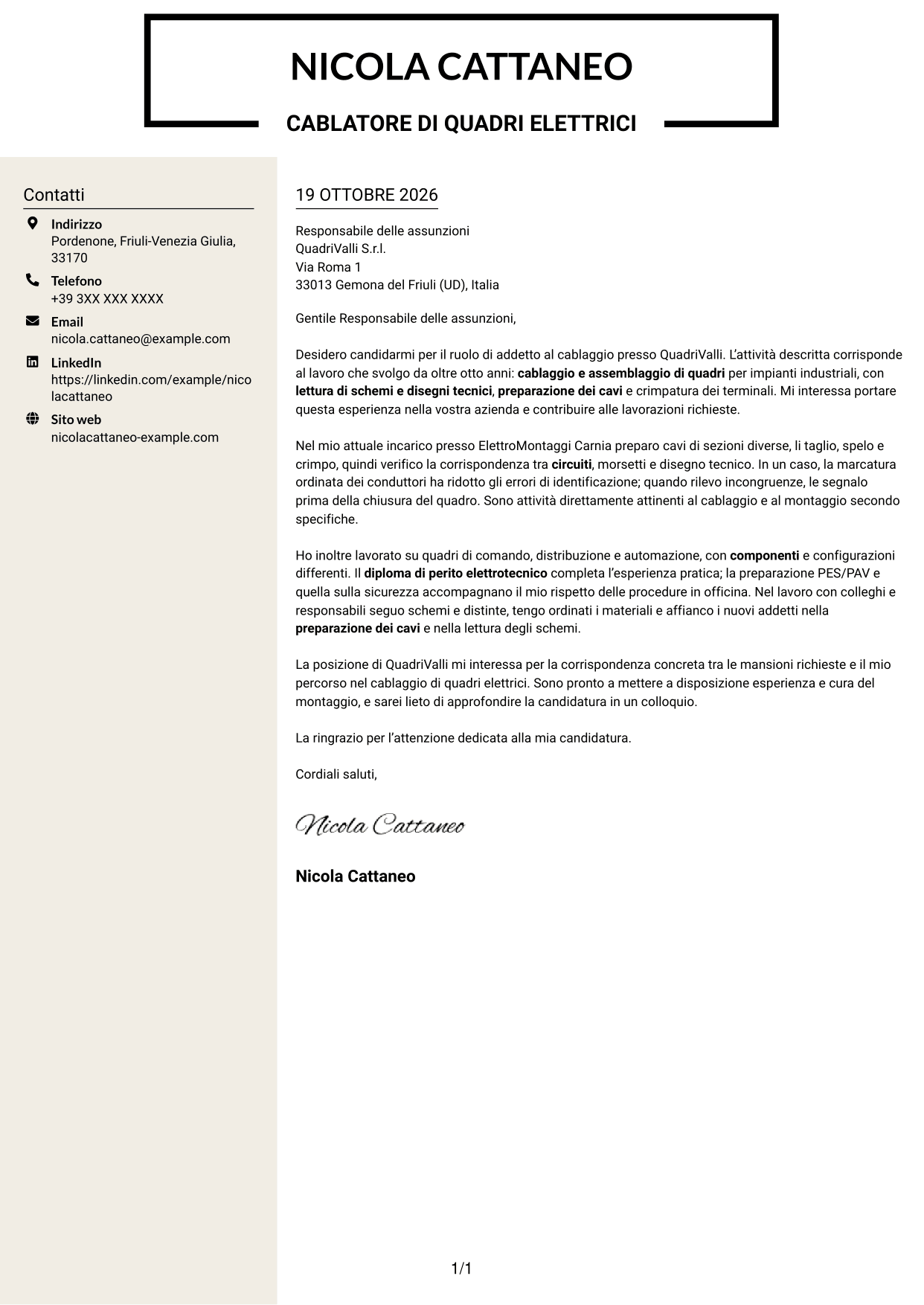 Lettera di presentazione Intraprendente (formato a due colonne con intestazione centrata senza foto): Addetto al cablaggio di quadri elettrici, pagina 1