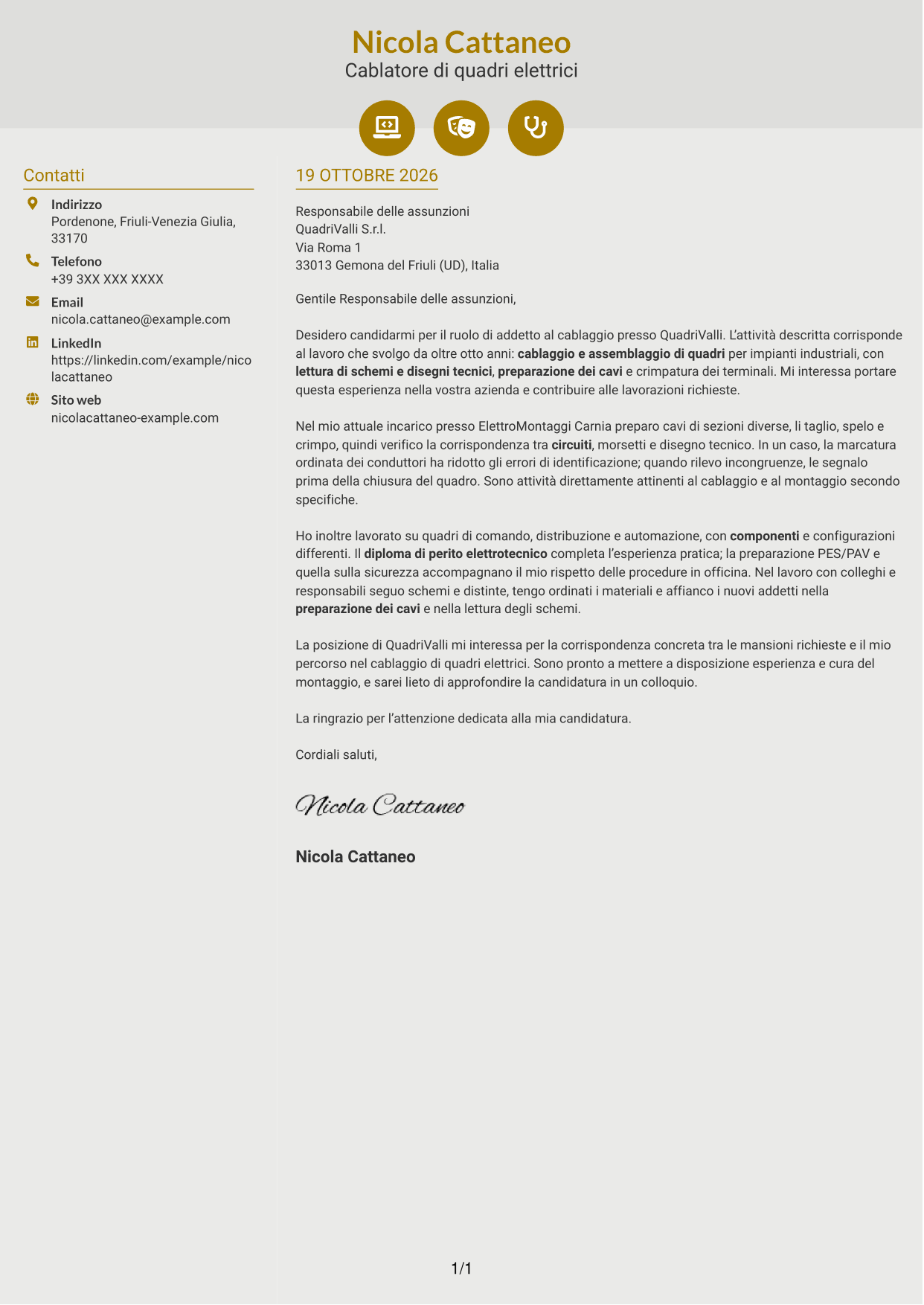 Lettera di presentazione Dinamico (formato a due colonne con icone): Addetto al cablaggio di quadri elettrici, pagina 1