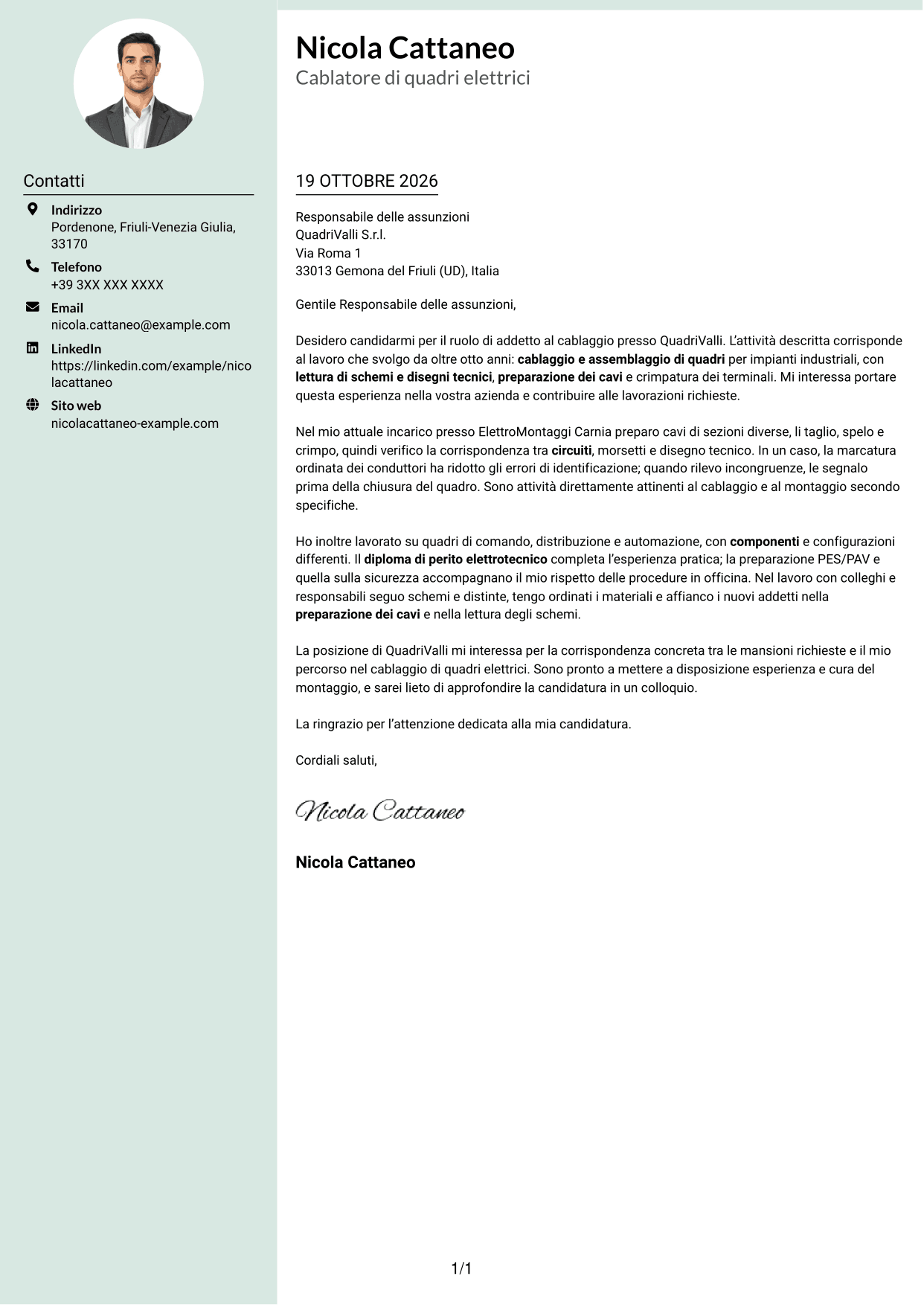 Lettera di presentazione Dirigente (formato con colonna laterale tenue e foto arrotondata): Addetto al cablaggio di quadri elettrici, pagina 1