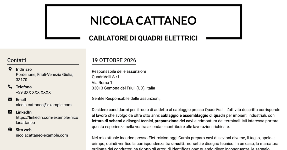 7 modelli di lettera di presentazione per Addetto al cablaggio di quadri elettrici, con esempi