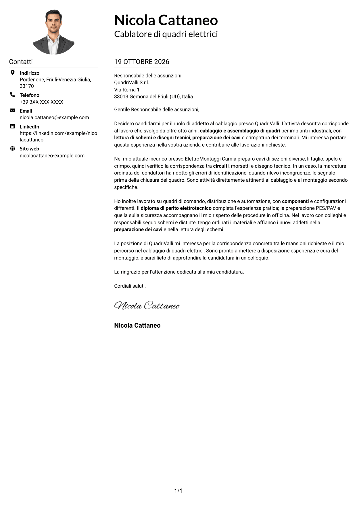 Esempio di lettera di presentazione — pagina 1