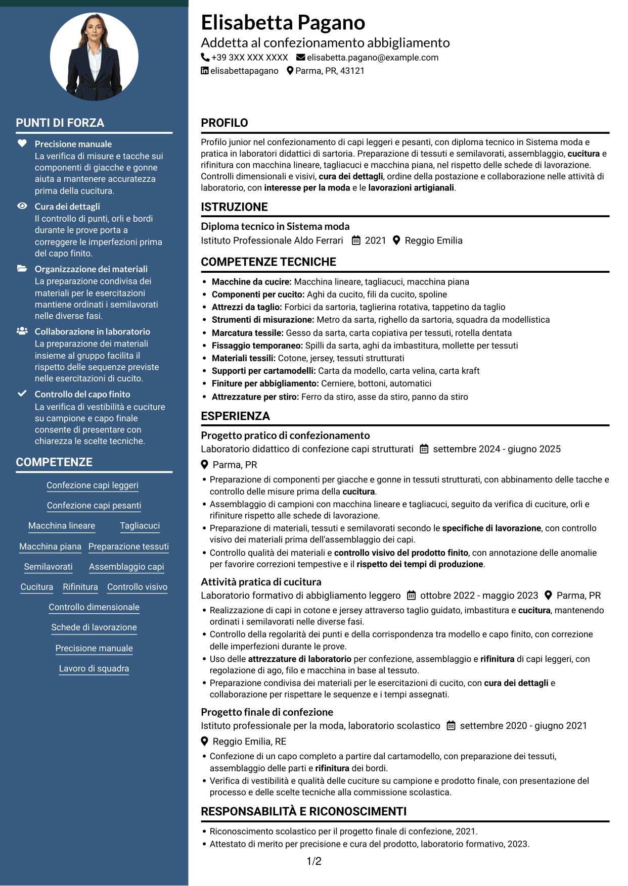CV Elegante (formato con colonna laterale colorata e foto): Addetto al confezionamento abbigliamento - Cucitura e rifinitura, pagina 1