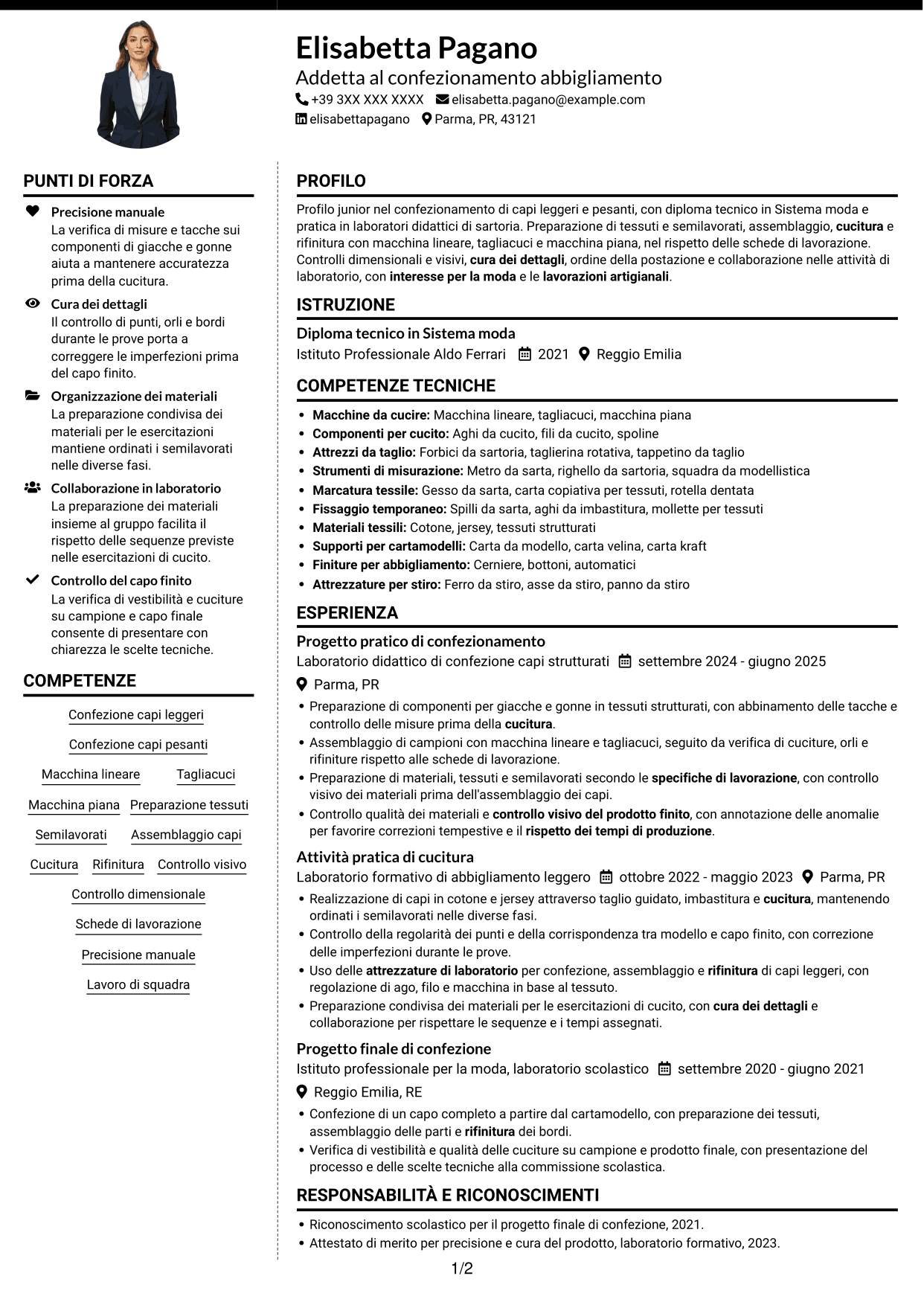 CV Moderno (formato a due colonne con foto a sinistra e separatore): Addetto al confezionamento abbigliamento - Cucitura e rifinitura, pagina 1