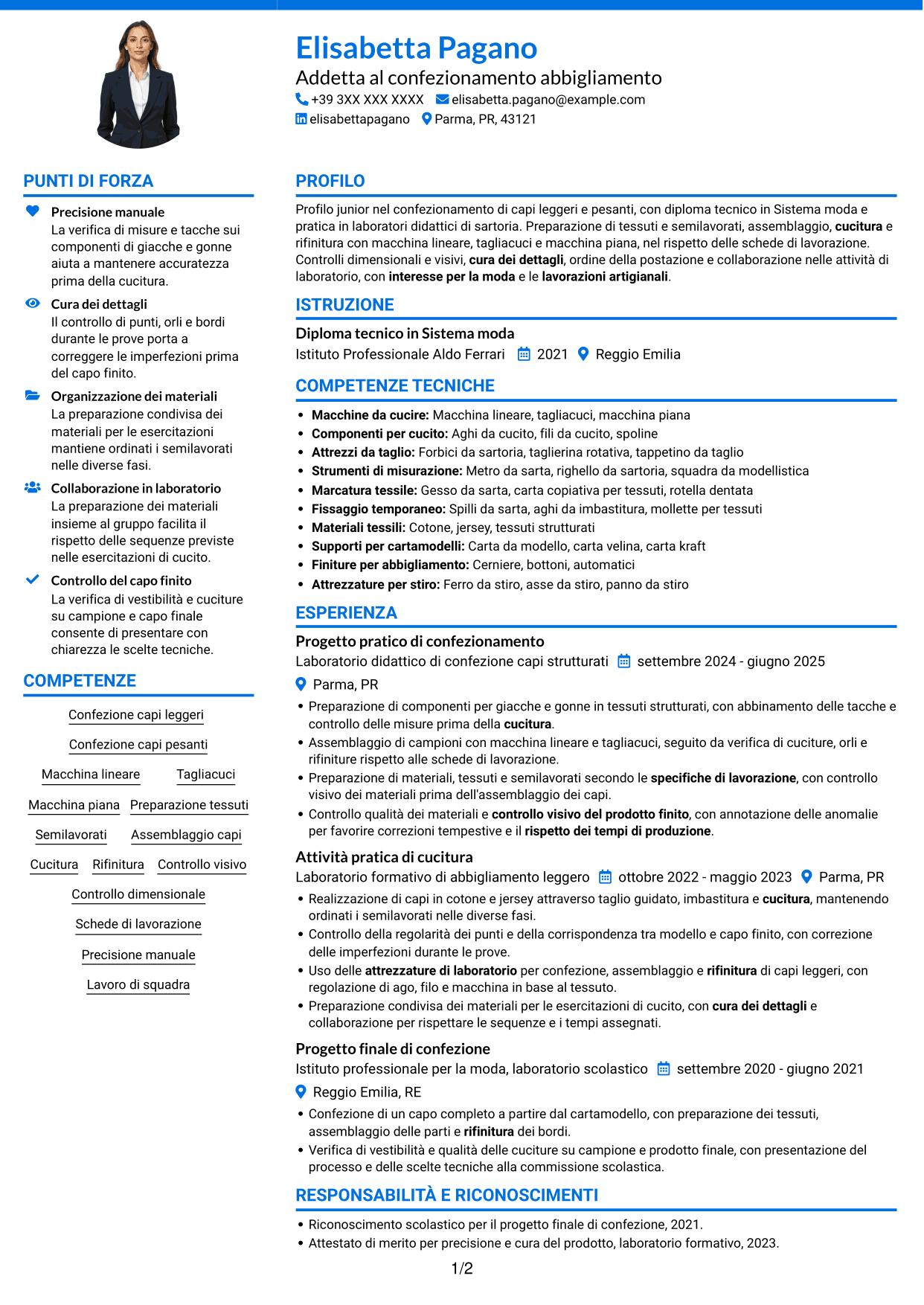 CV Audace (formato a due colonne con accenti colorati e foto): Addetto al confezionamento abbigliamento - Cucitura e rifinitura, pagina 1