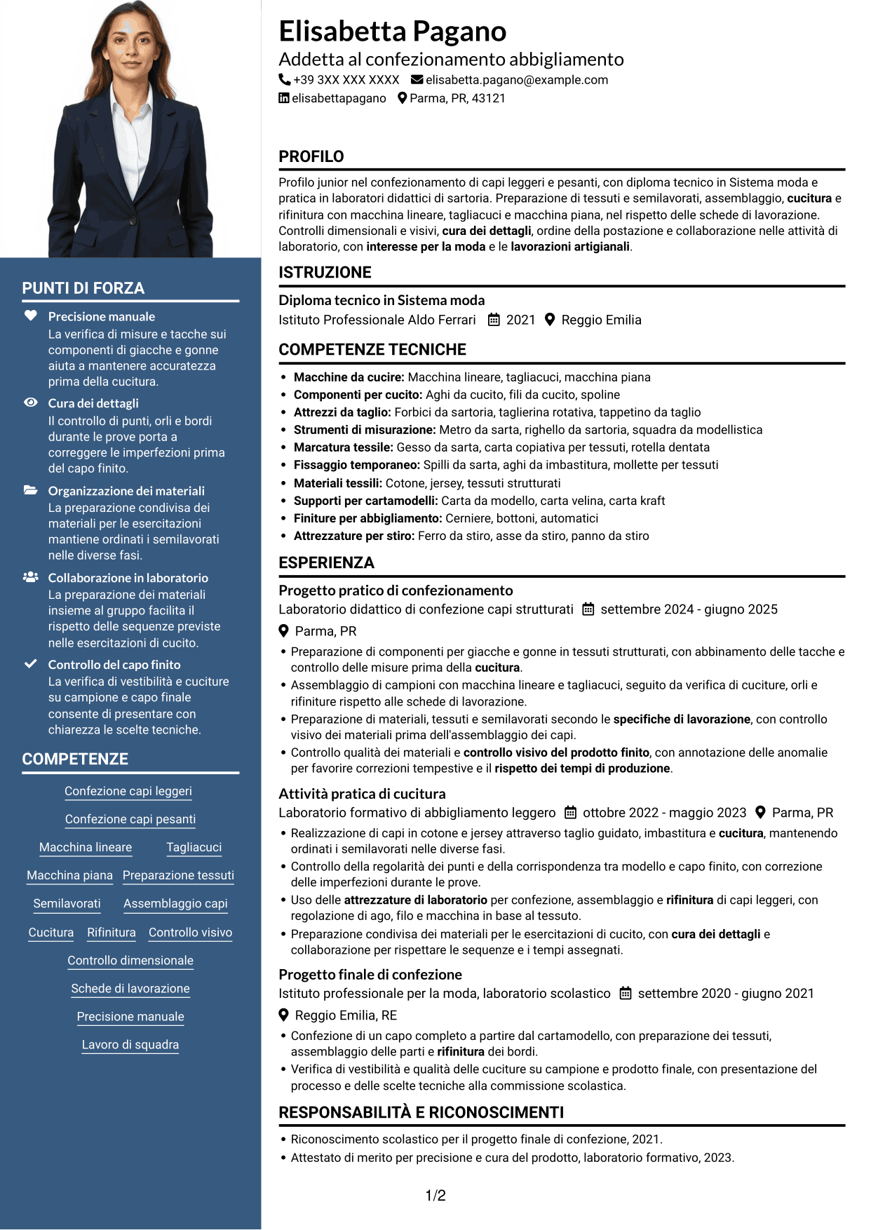 CV Signature (formato con colonna laterale colorata e foto grande): Addetto al confezionamento abbigliamento - Cucitura e rifinitura, pagina 1