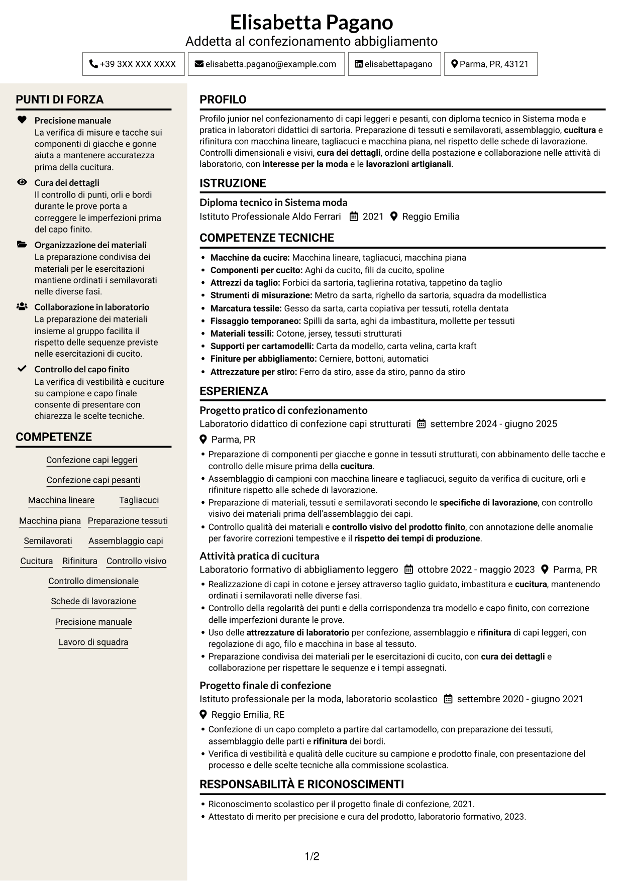 CV Intraprendente (formato a due colonne con intestazione centrata senza foto): Addetto al confezionamento abbigliamento - Cucitura e rifinitura, pagina 1