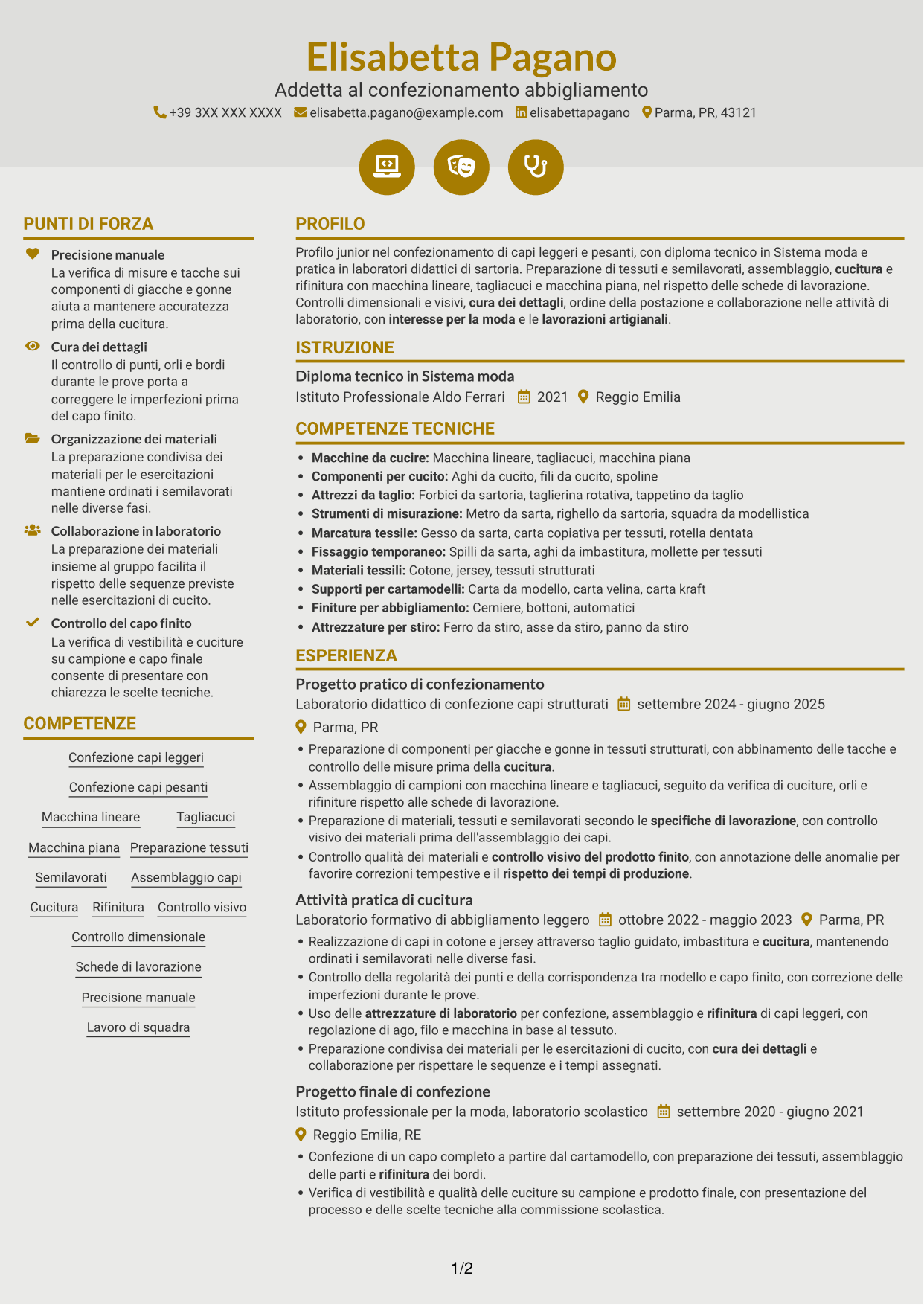 CV Dinamico (formato a due colonne con icone): Addetto al confezionamento abbigliamento - Cucitura e rifinitura, pagina 1