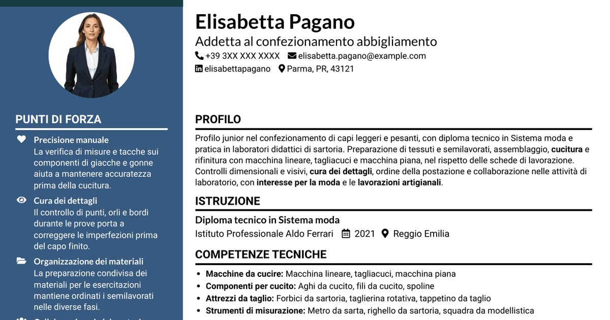 7 modelli di CV per Addetto al confezionamento abbigliamento - Cucitura e rifinitura, con esempi