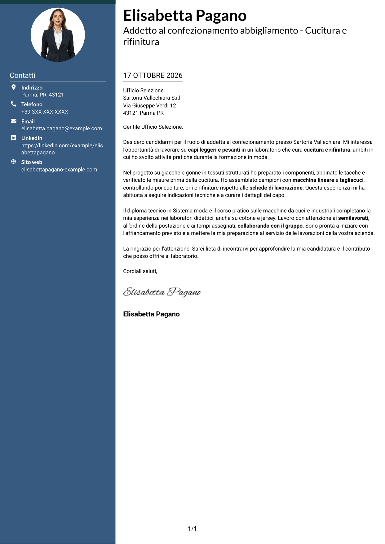 Lettera di presentazione Elegante (formato con colonna laterale colorata e foto): Addetto al confezionamento abbigliamento - Cucitura e rifinitura, pagina 1