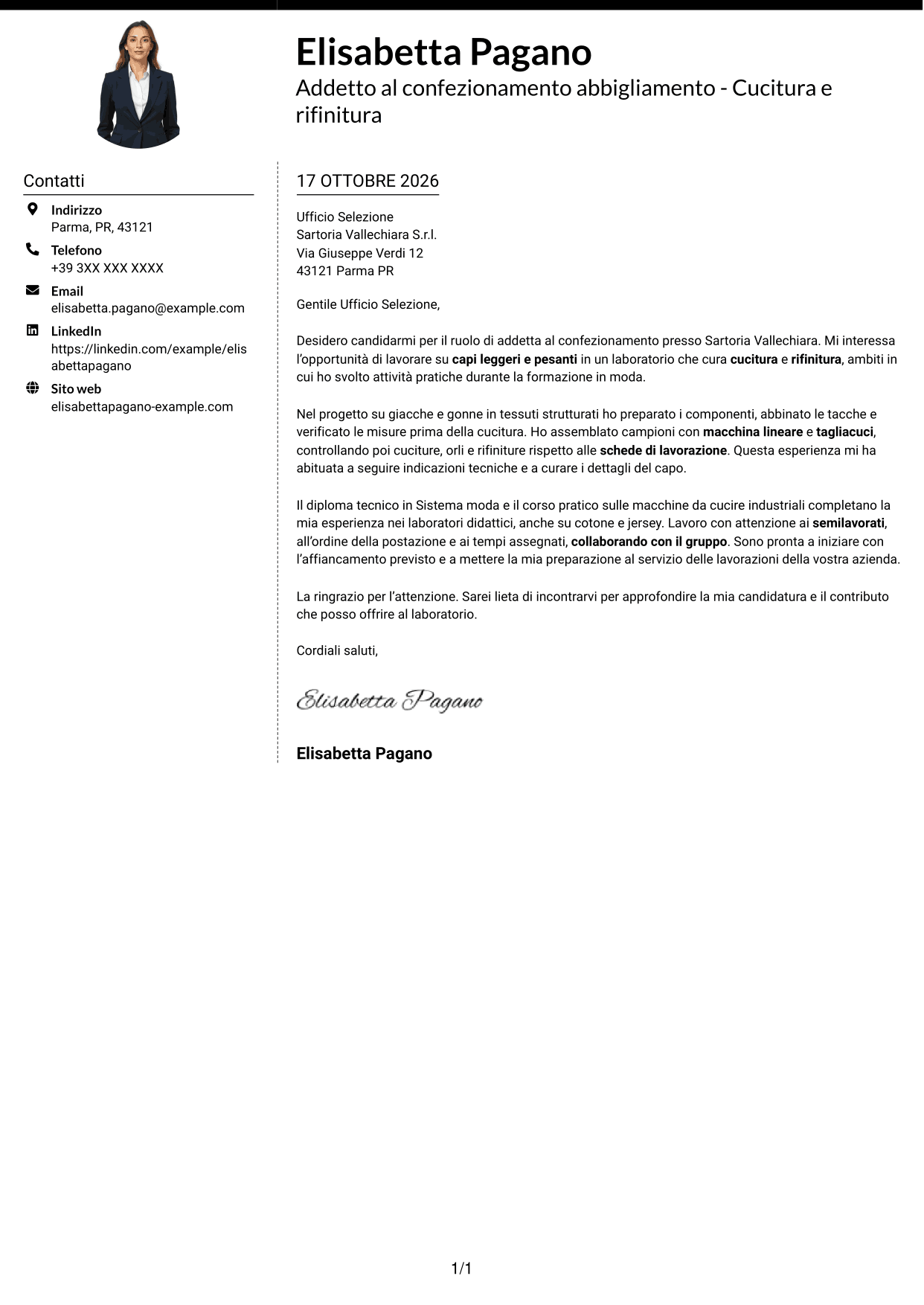 Lettera di presentazione Moderno (formato a due colonne con foto a sinistra e separatore): Addetto al confezionamento abbigliamento - Cucitura e rifinitura, pagina 1