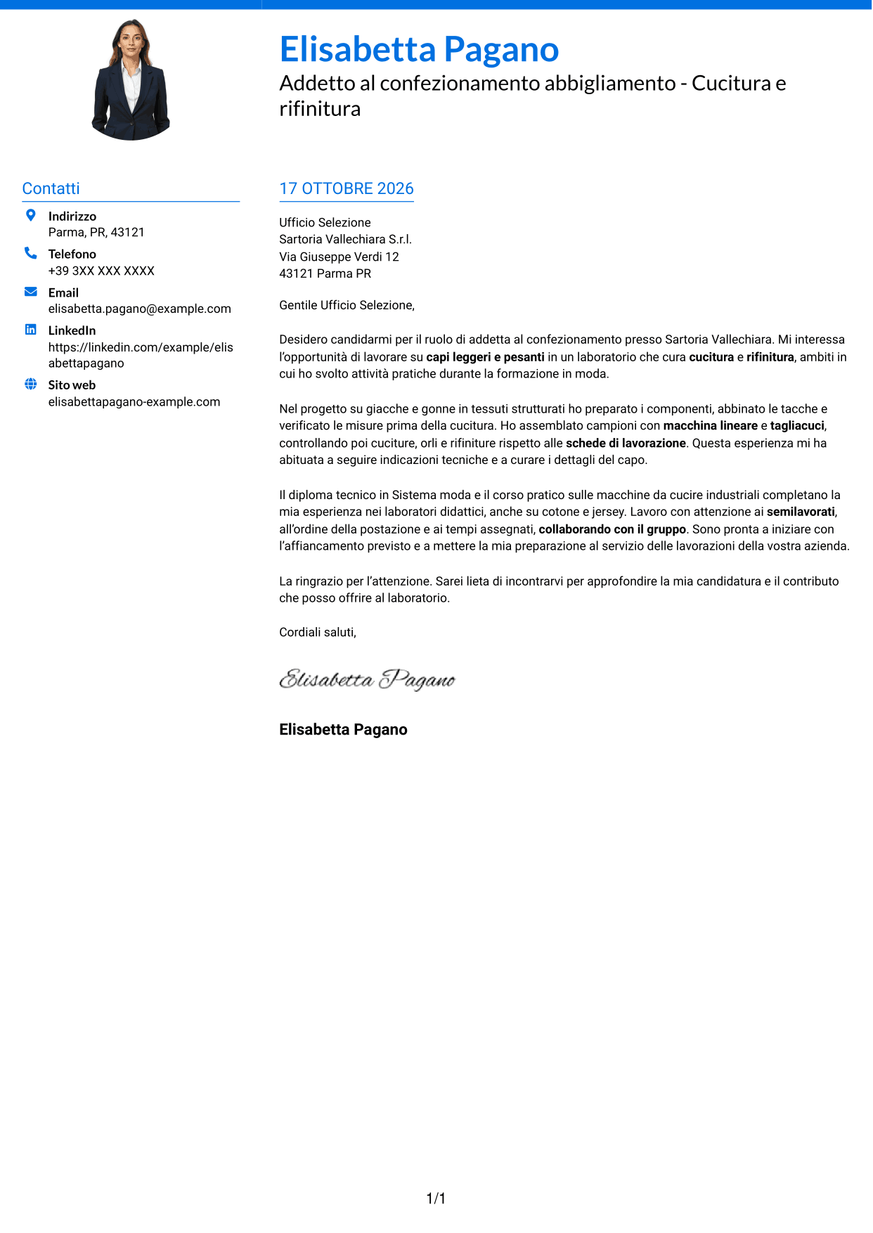 Lettera di presentazione Audace (formato a due colonne con accenti colorati e foto): Addetto al confezionamento abbigliamento - Cucitura e rifinitura, pagina 1