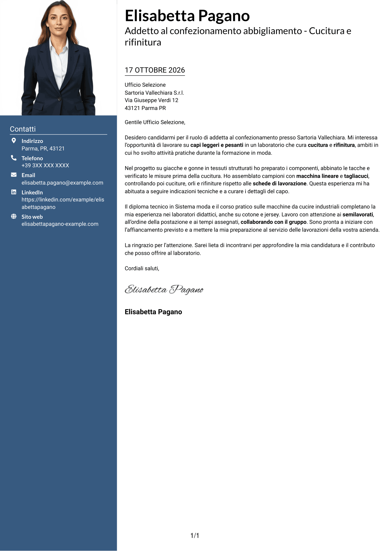 Lettera di presentazione Signature (formato con colonna laterale colorata e foto grande): Addetto al confezionamento abbigliamento - Cucitura e rifinitura, pagina 1