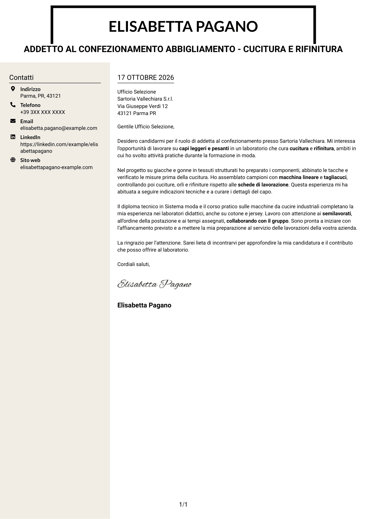 Lettera di presentazione Intraprendente (formato a due colonne con intestazione centrata senza foto): Addetto al confezionamento abbigliamento - Cucitura e rifinitura, pagina 1