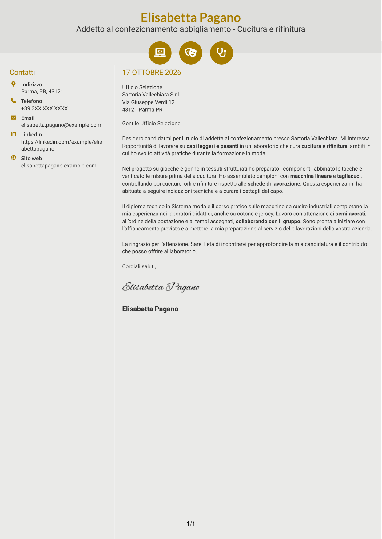 Lettera di presentazione Dinamico (formato a due colonne con icone): Addetto al confezionamento abbigliamento - Cucitura e rifinitura, pagina 1