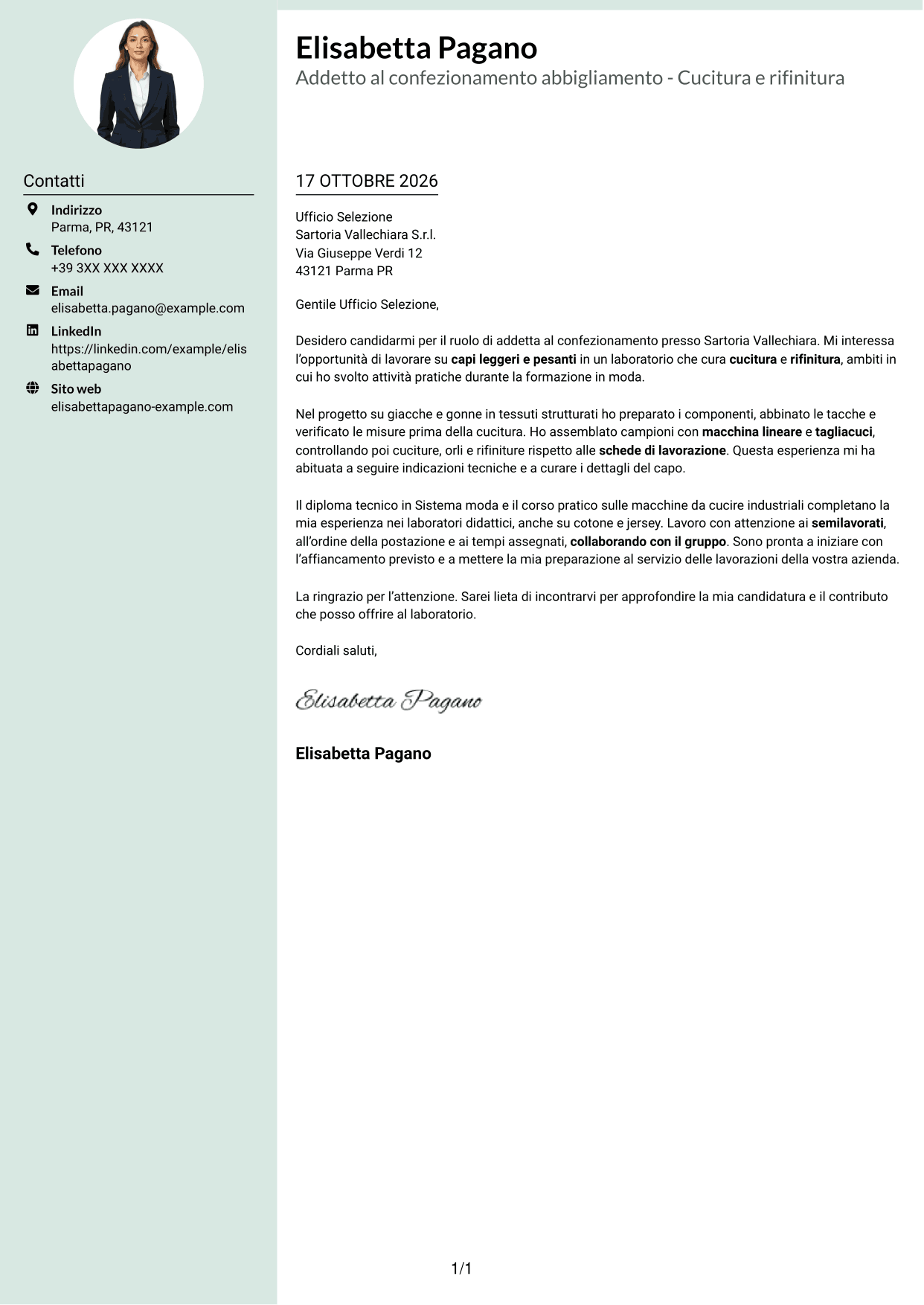 Lettera di presentazione Dirigente (formato con colonna laterale tenue e foto arrotondata): Addetto al confezionamento abbigliamento - Cucitura e rifinitura, pagina 1