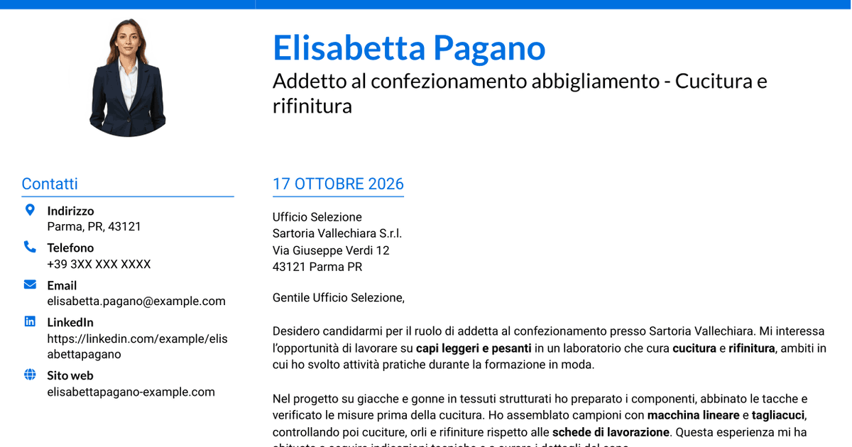 7 modelli di lettera di presentazione per Addetto al confezionamento abbigliamento - Cucitura e rifinitura, con esempi
