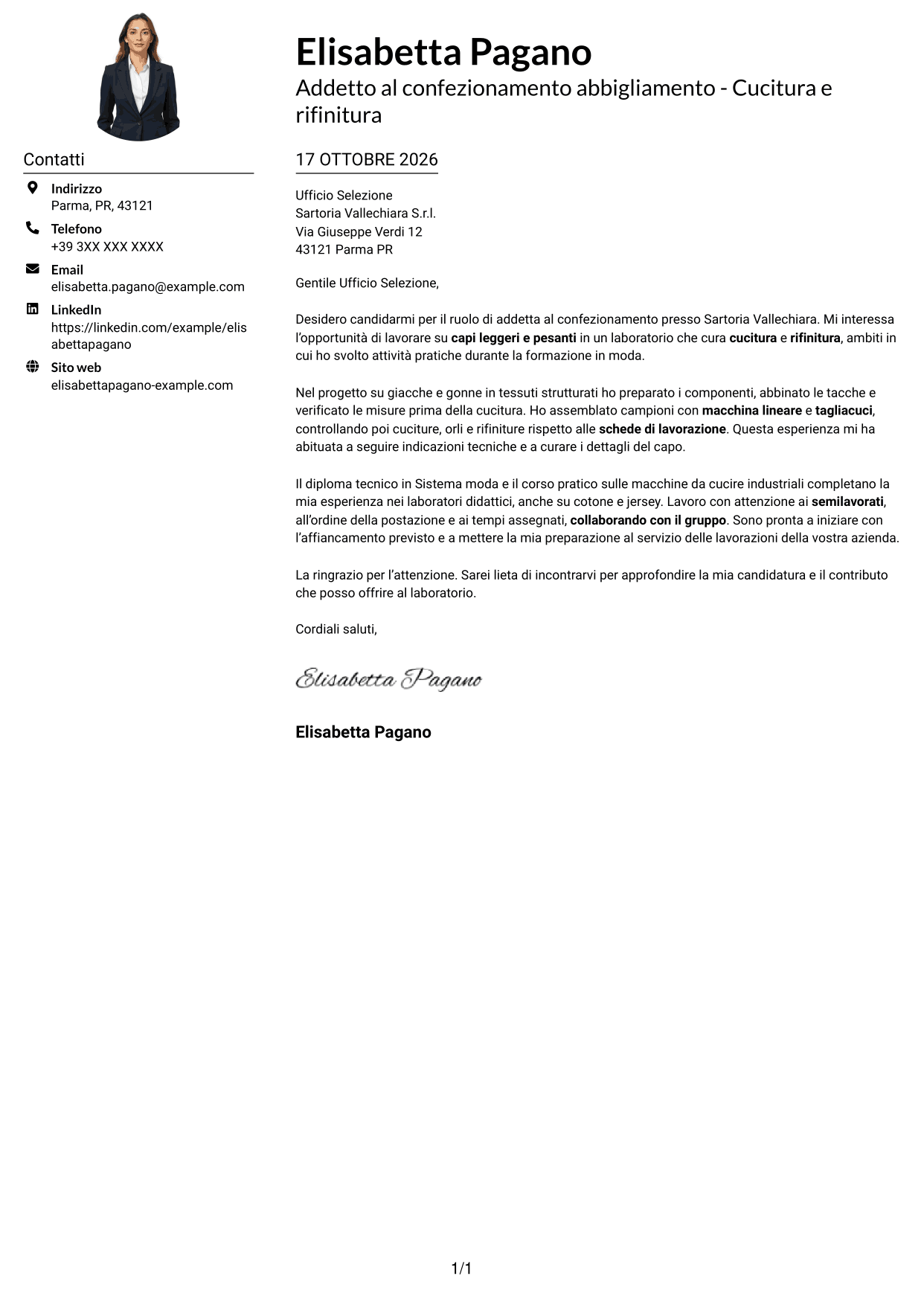 Esempio di lettera di presentazione — pagina 1