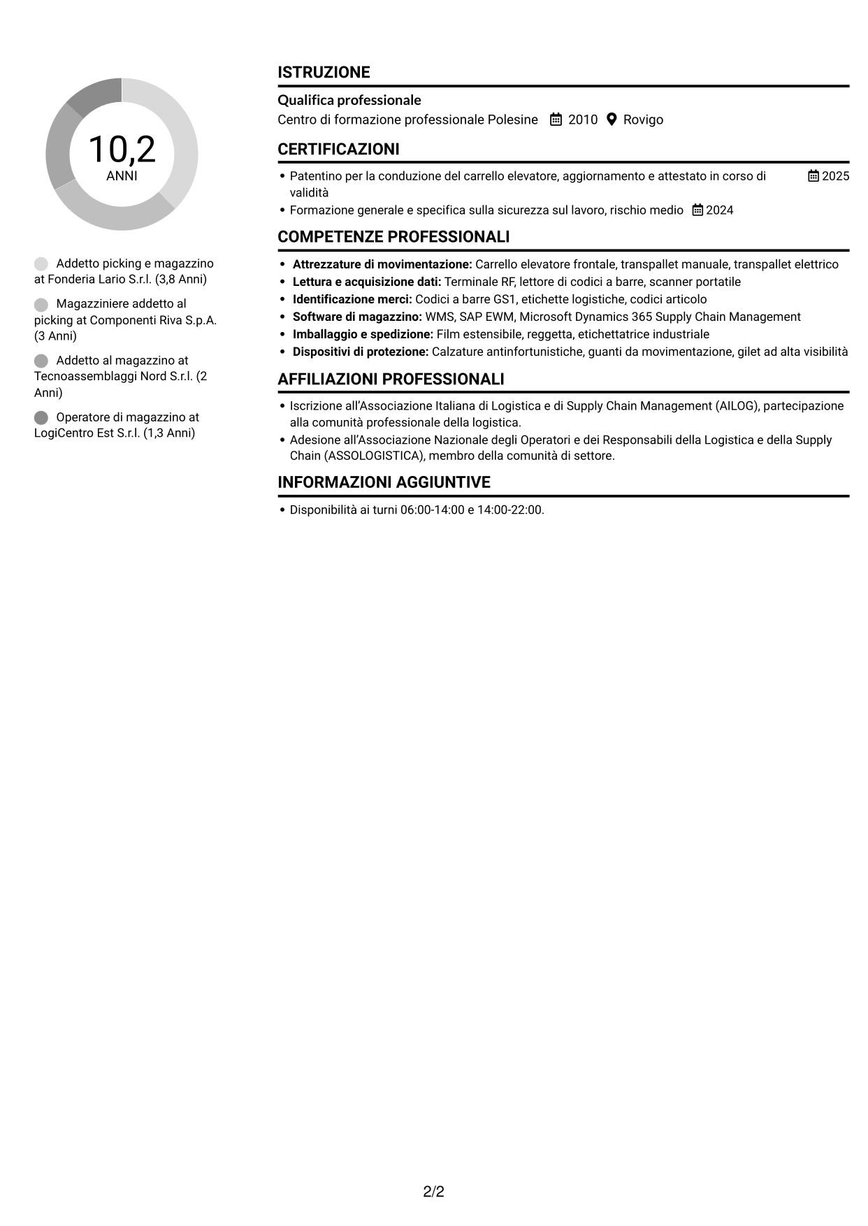 CV Compatto (formato sobrio a due colonne con foto): Addetto al picking - Logistica metalmeccanica, pagina 2