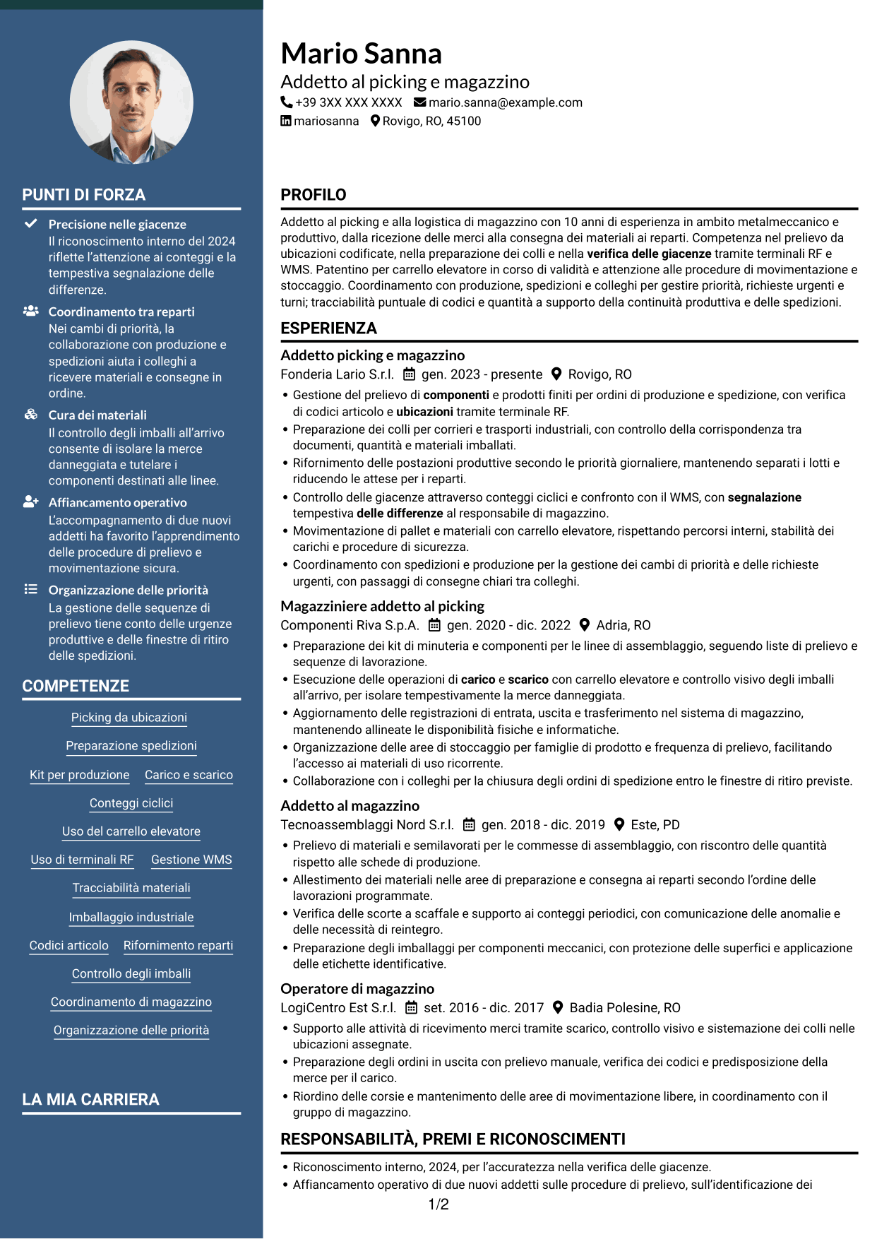 CV Elegante (formato con colonna laterale colorata e foto): Addetto al picking - Logistica metalmeccanica, pagina 1