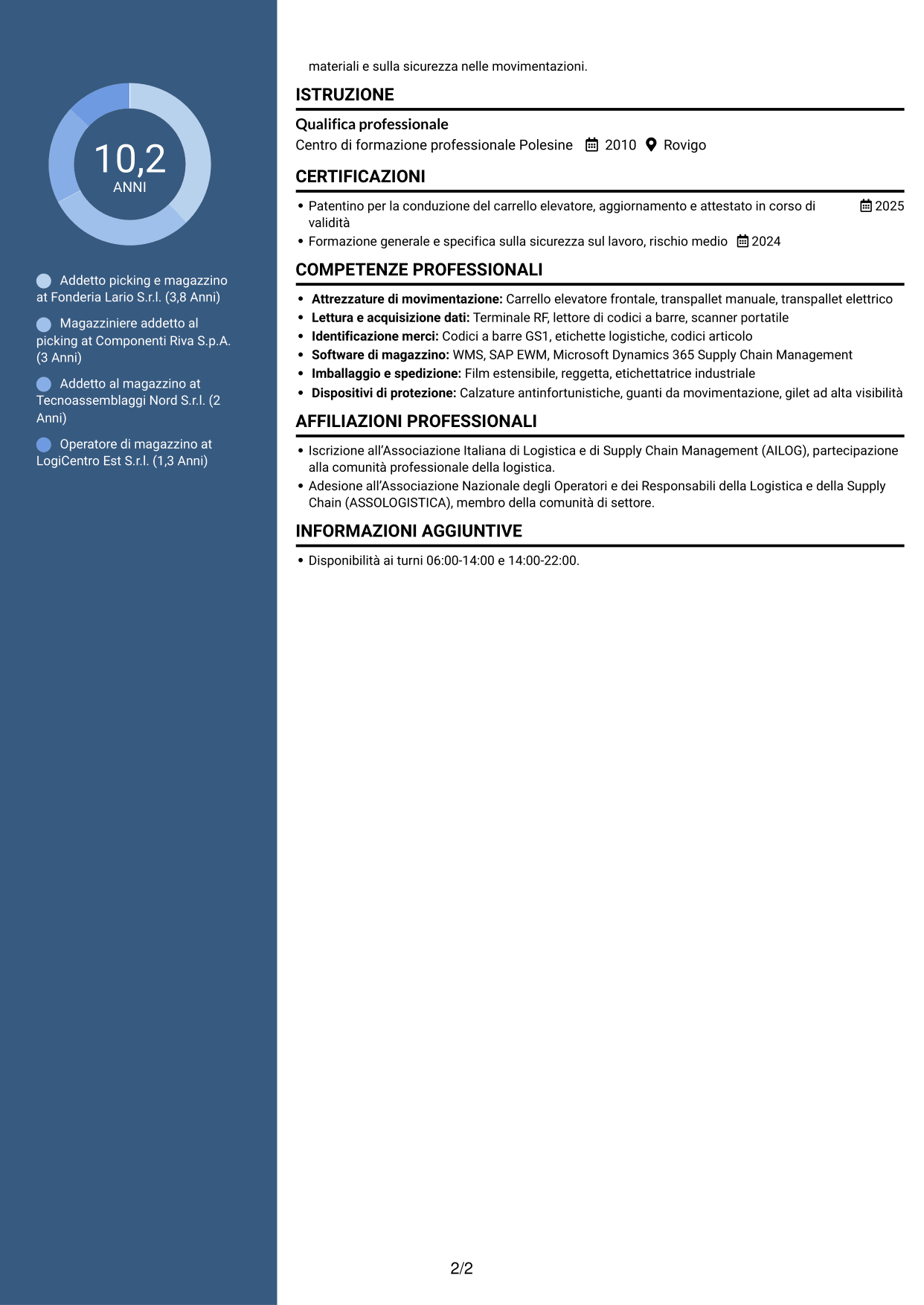 CV Elegante (formato con colonna laterale colorata e foto): Addetto al picking - Logistica metalmeccanica, pagina 2