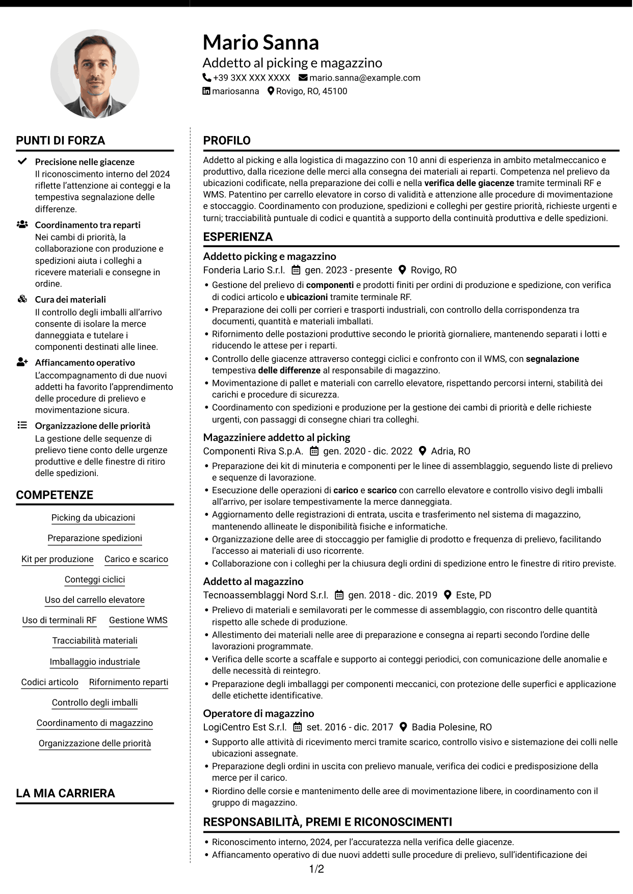 CV Moderno (formato a due colonne con foto a sinistra e separatore): Addetto al picking - Logistica metalmeccanica, pagina 1