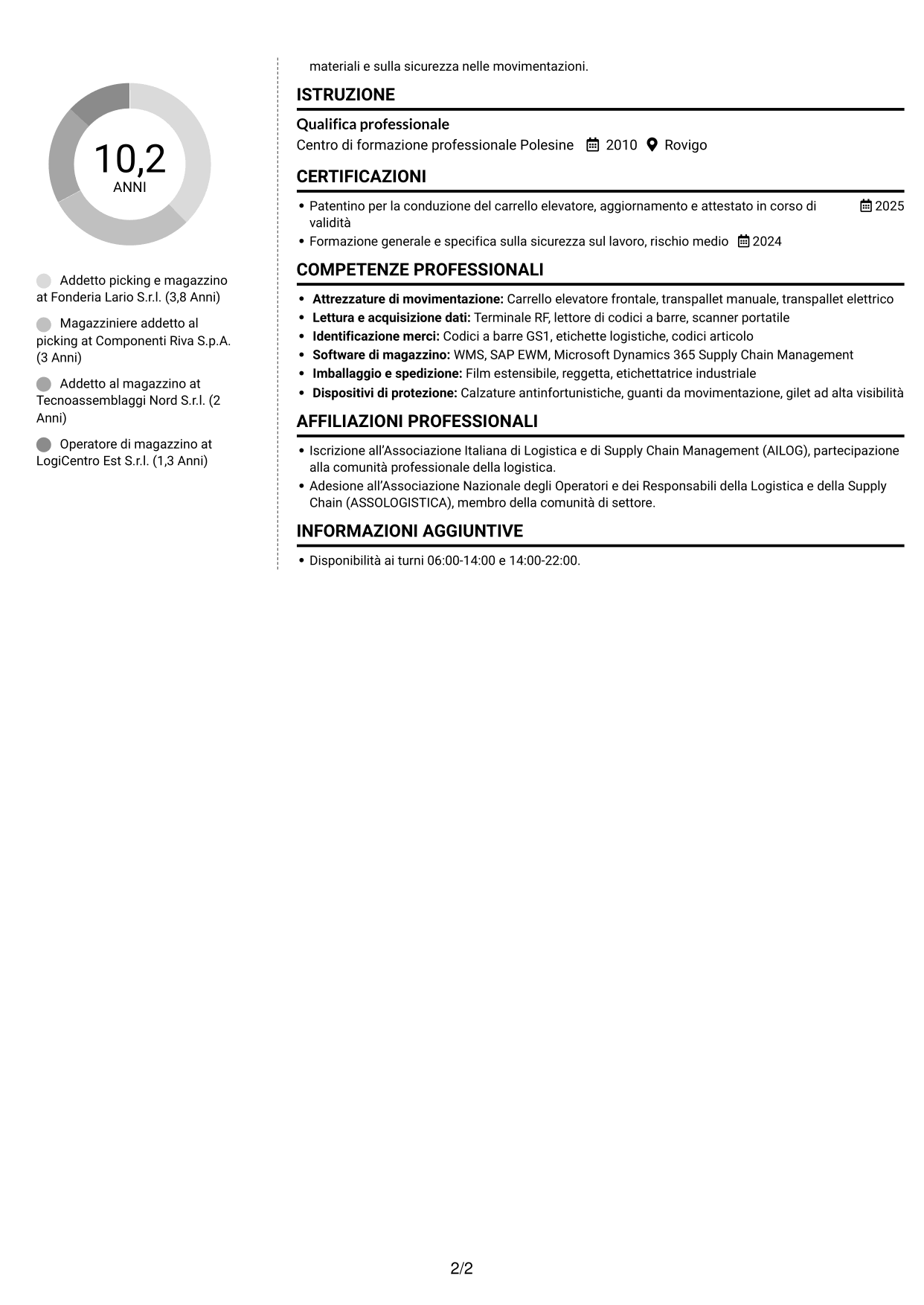 CV Moderno (formato a due colonne con foto a sinistra e separatore): Addetto al picking - Logistica metalmeccanica, pagina 2