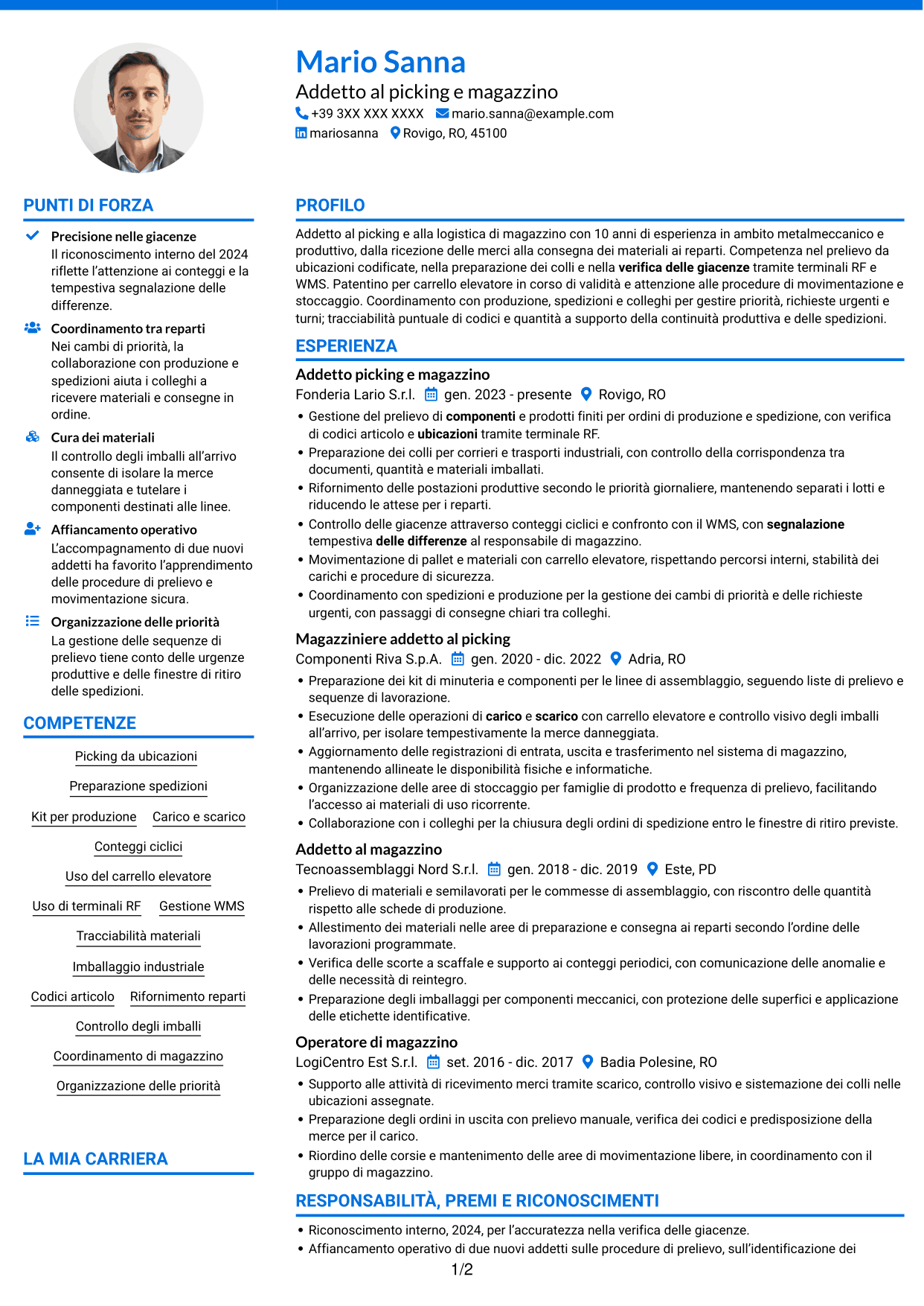 CV Audace (formato a due colonne con accenti colorati e foto): Addetto al picking - Logistica metalmeccanica, pagina 1