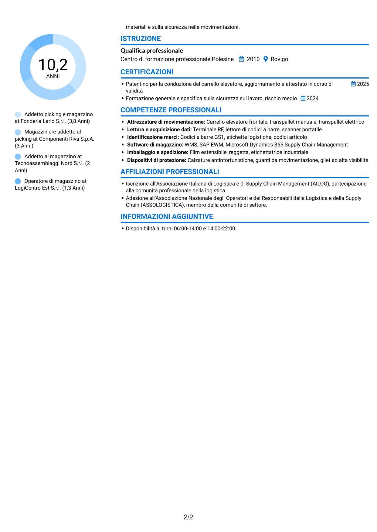 CV Audace (formato a due colonne con accenti colorati e foto): Addetto al picking - Logistica metalmeccanica, pagina 2